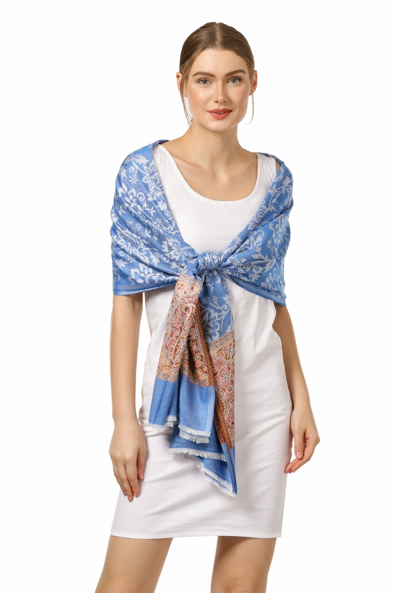 Pashtush Shawl Store Stole PASHTUSH Womens Fine Bamboo Jacquard Scarf, Reversible, Multicoloured - Azure