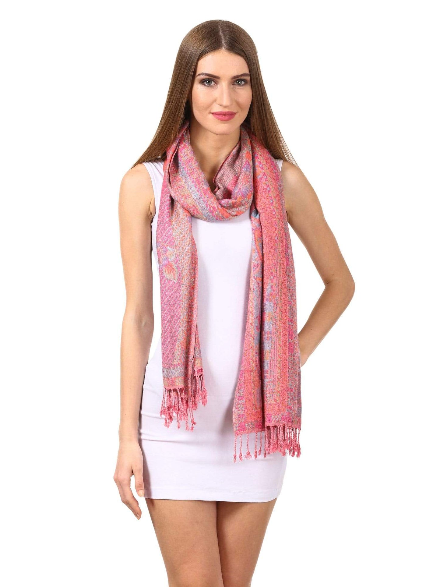 Pashtush Shawl Store Stole Pashtush Womens Fine Bamboo Jacquard Scarf, Reversible, Multicoloured - Baby Pink