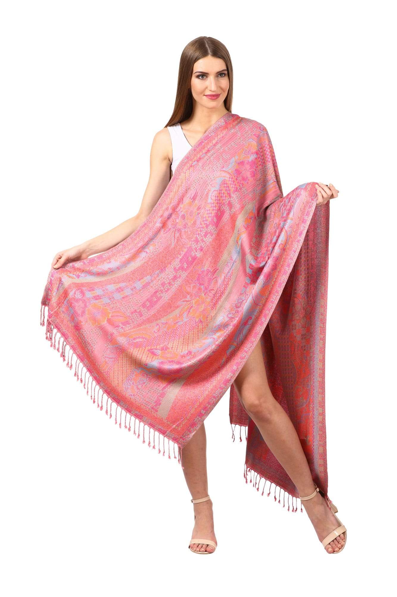 Pashtush Shawl Store Stole Pashtush Womens Fine Bamboo Jacquard Scarf, Reversible, Multicoloured - Baby Pink