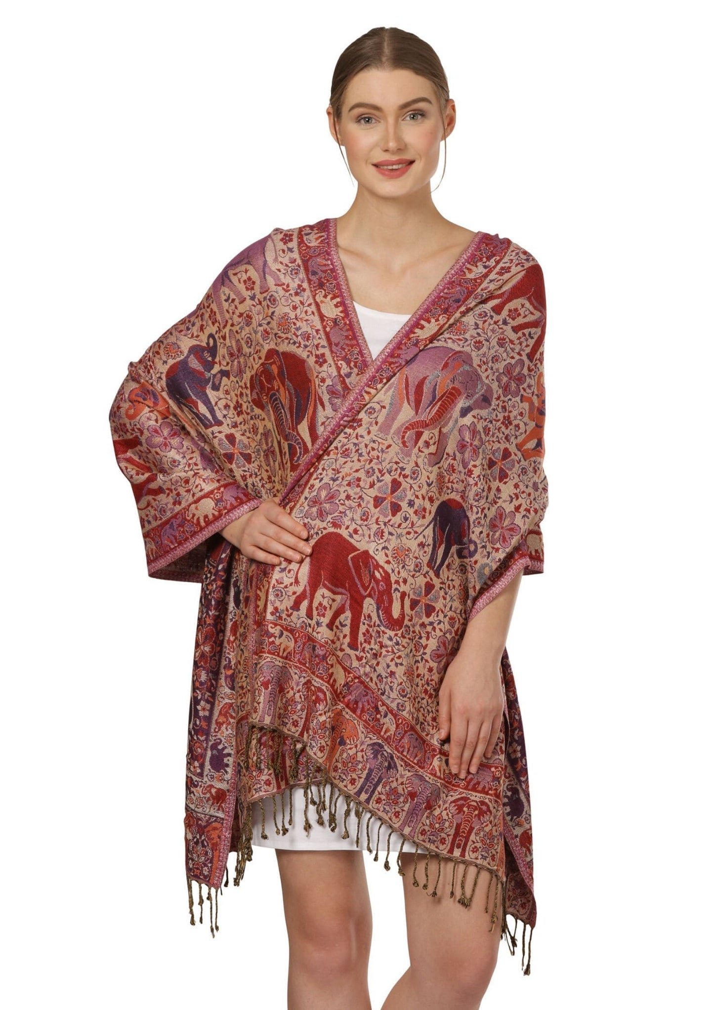 Pashtush Shawl Store Stole Pashtush Womens Fine Bamboo ReversibleMulticoloured Elephants tribal scarf