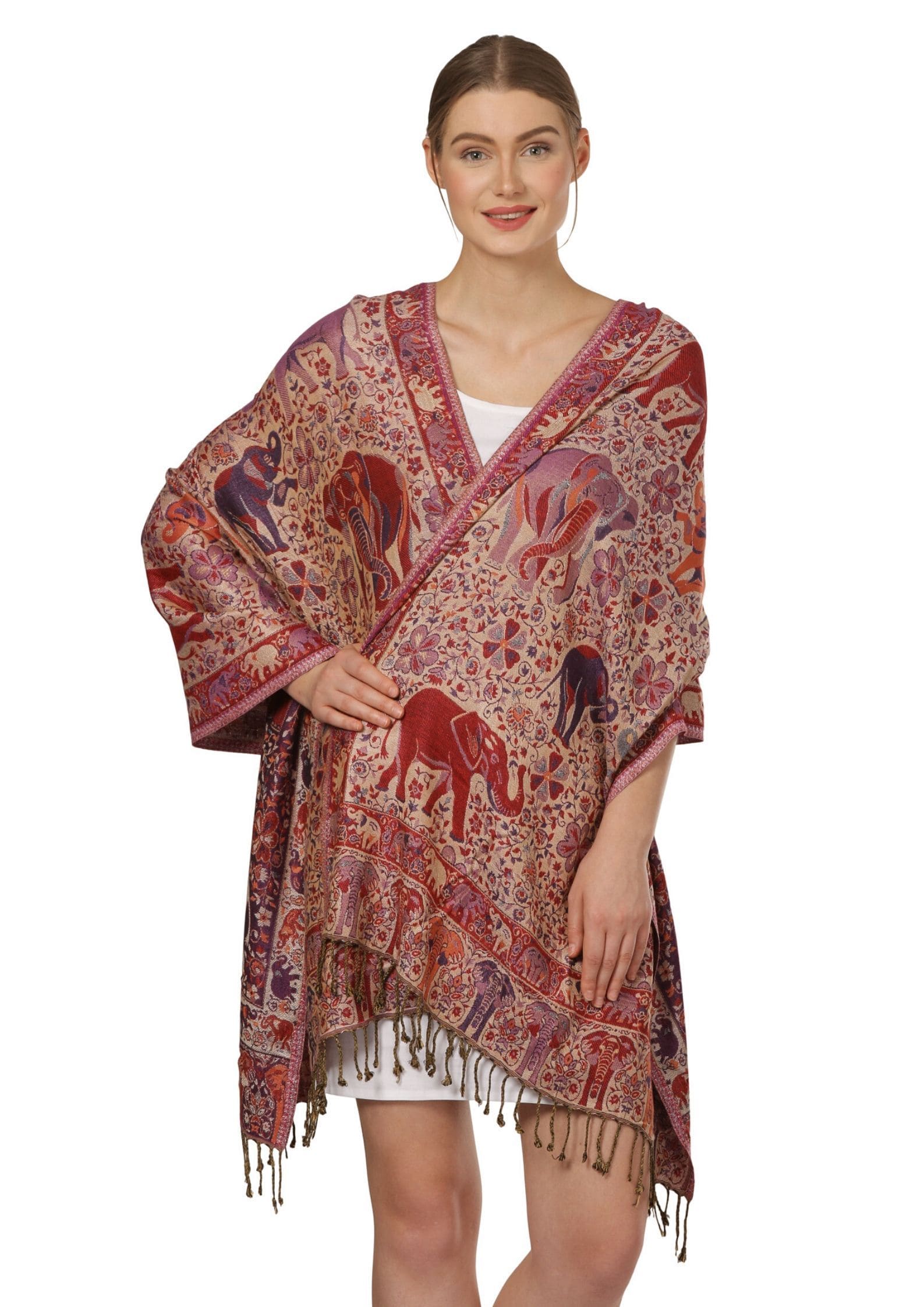 Pashtush Shawl Store Stole Pashtush Womens Fine Bamboo ReversibleMulticoloured Elephants tribal scarf