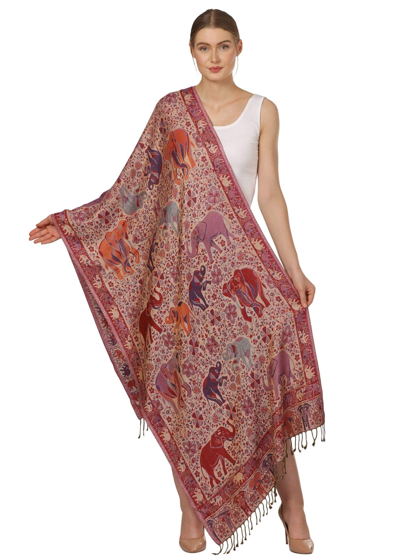 Pashtush Shawl Store Stole Pashtush Womens Fine Bamboo ReversibleMulticoloured Elephants tribal scarf