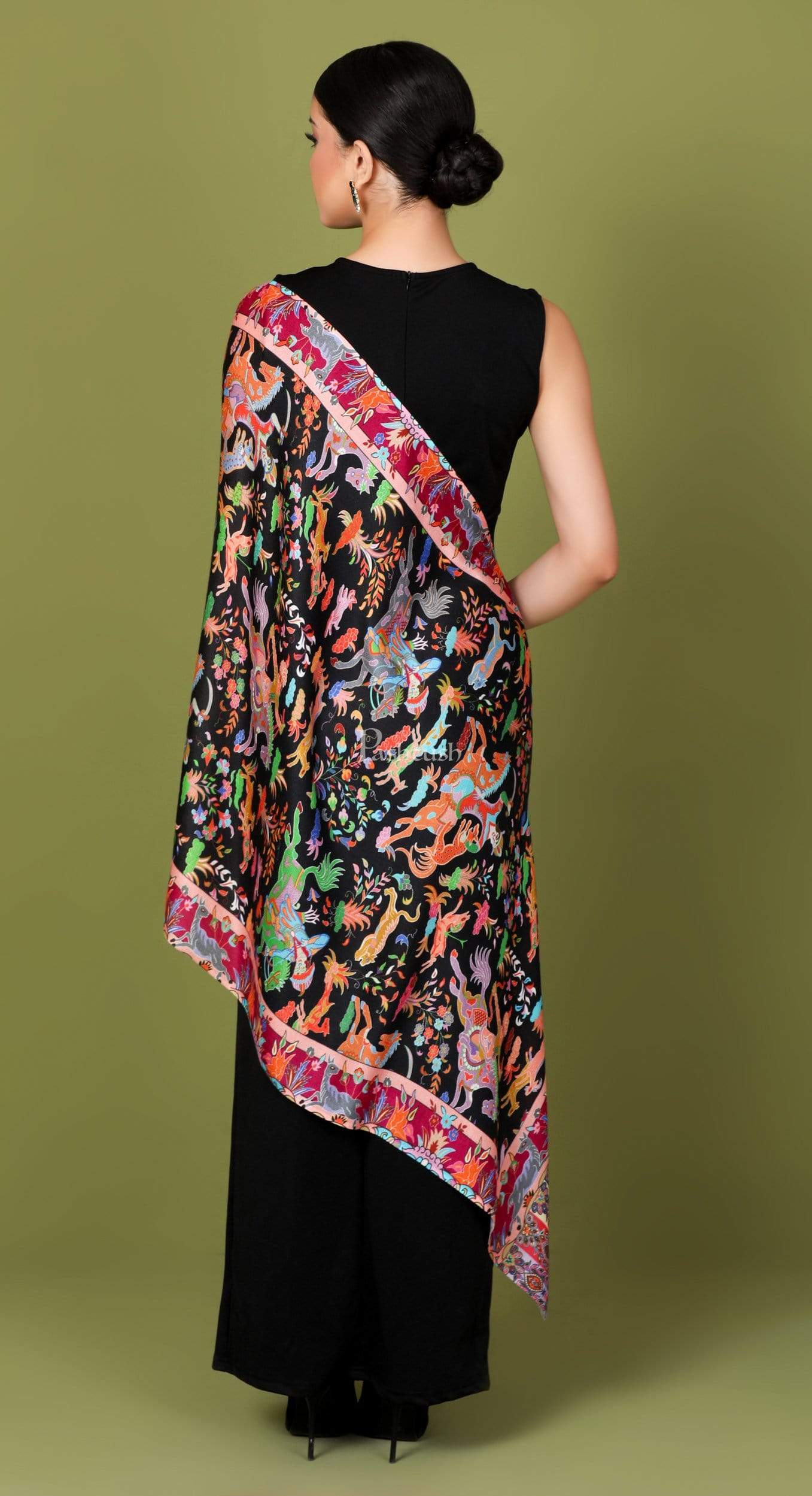 Pashtush India 70x200 Pashtush Womens fine Soft Bamboo Stole, Shikaardar Design - Black