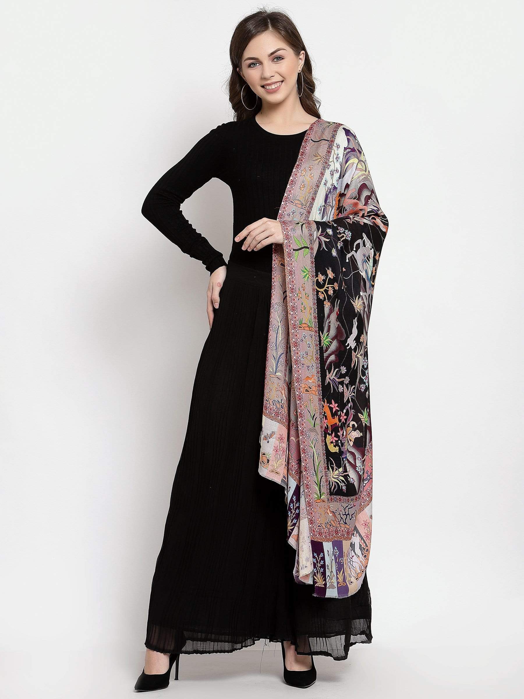 Pashtush India 70x200 Pashtush Womens fine Soft Bamboo Stole, Shikaardar Print Design