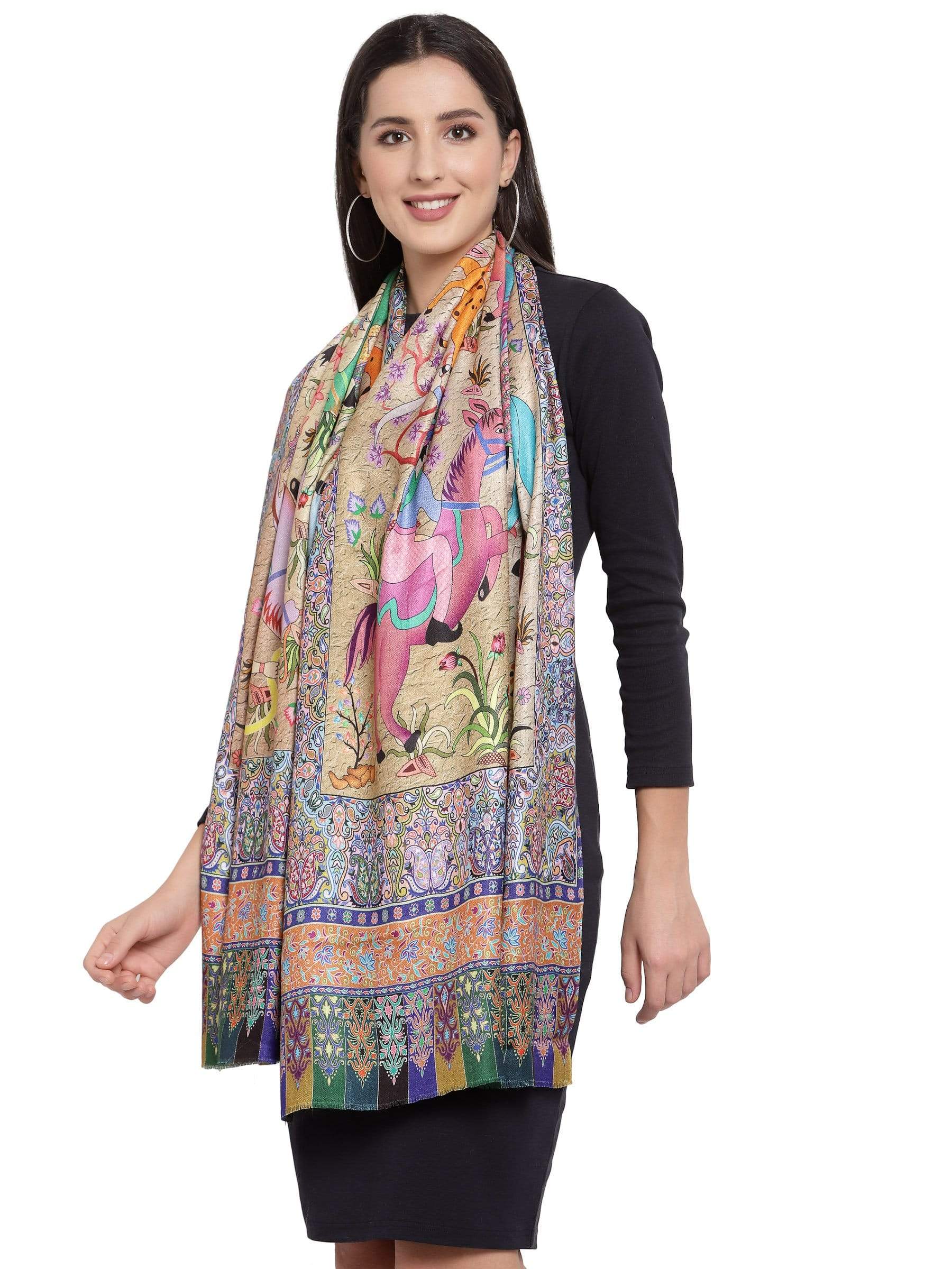 Pashtush India 70x200 Pashtush Womens fine Soft Bamboo Stole, Shikaardar Print Design