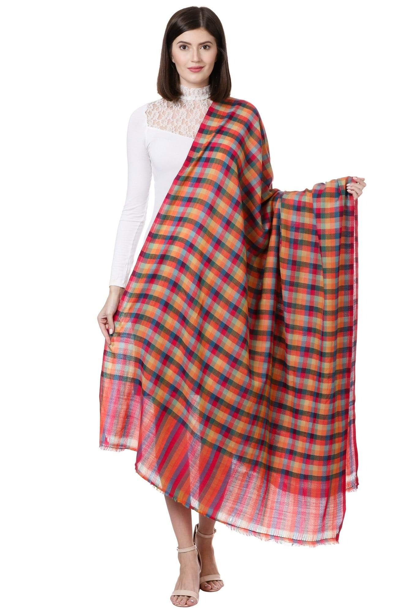 Pashtush Store Shawl Pashtush Womens Fine Wool Checkered Shawl, Multicoloured