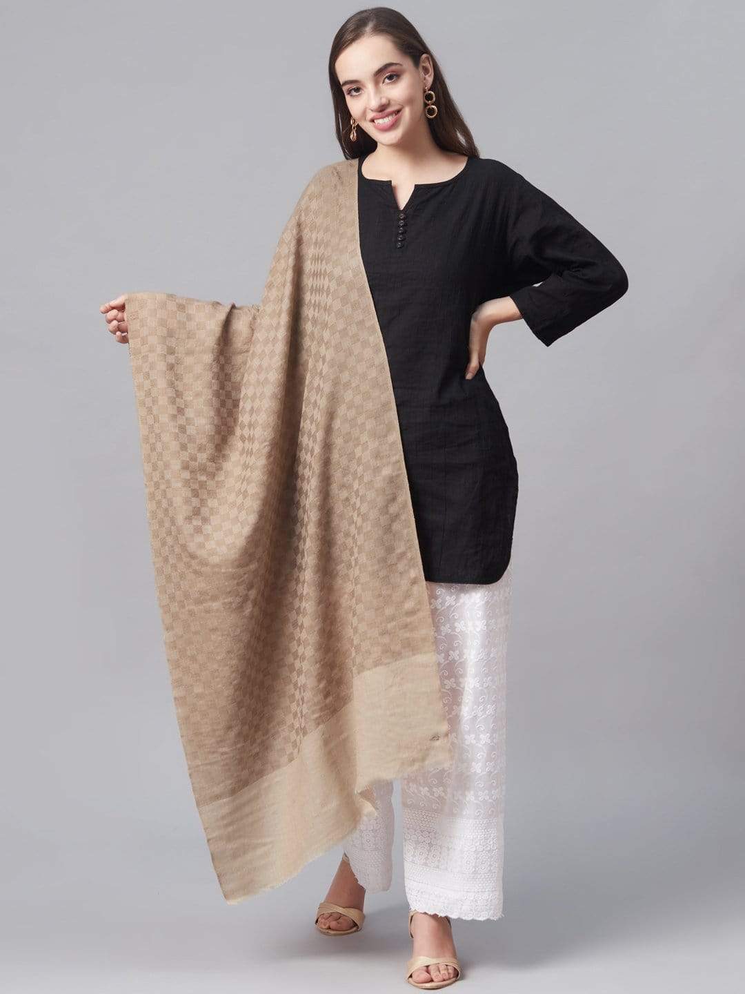 Pashtush India 70x200 Pashtush Women Beige Checked Designer Stole