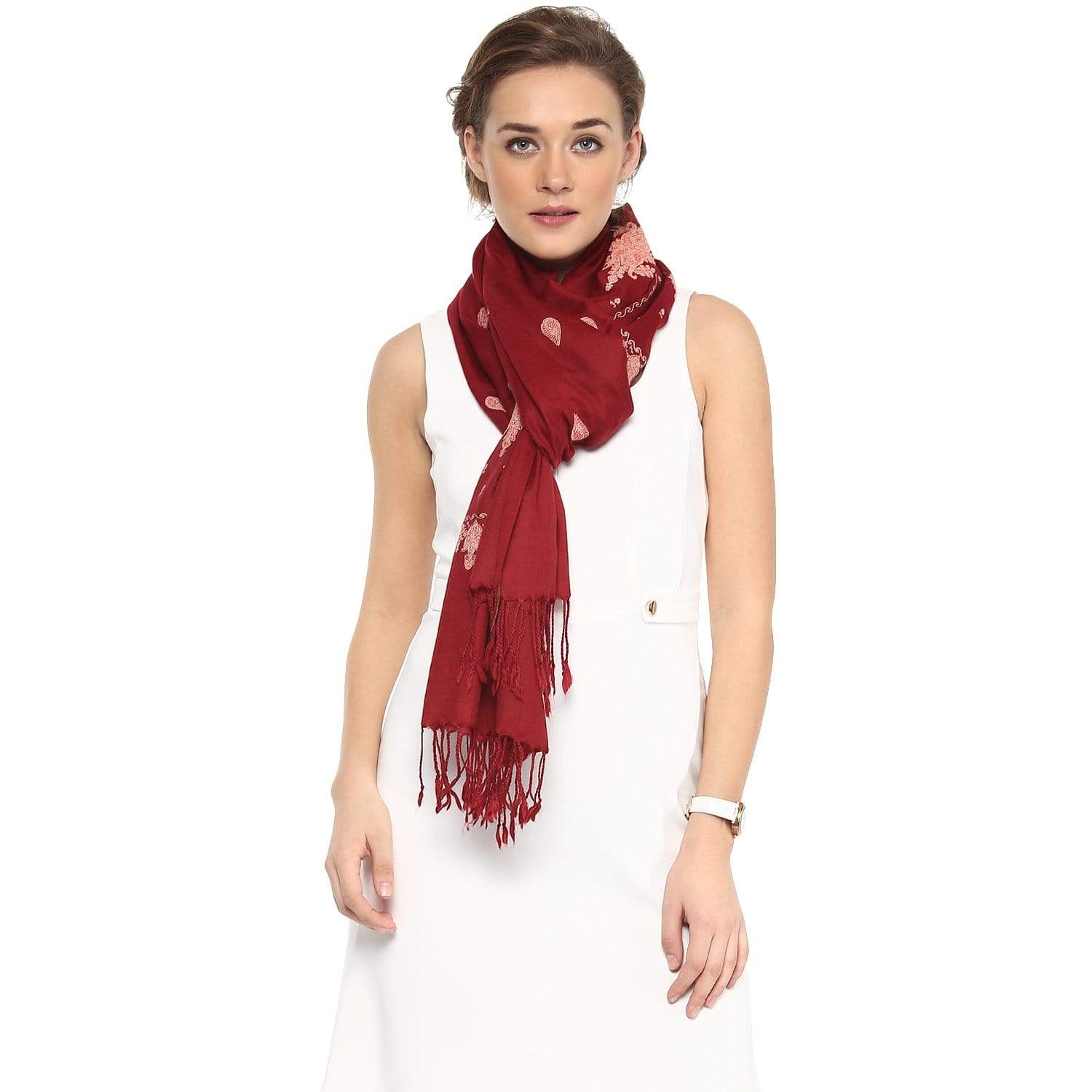 Pashtush India Stole Pashtush Womens Fine Wool Kashmiri Embroidery Stole, Maroon