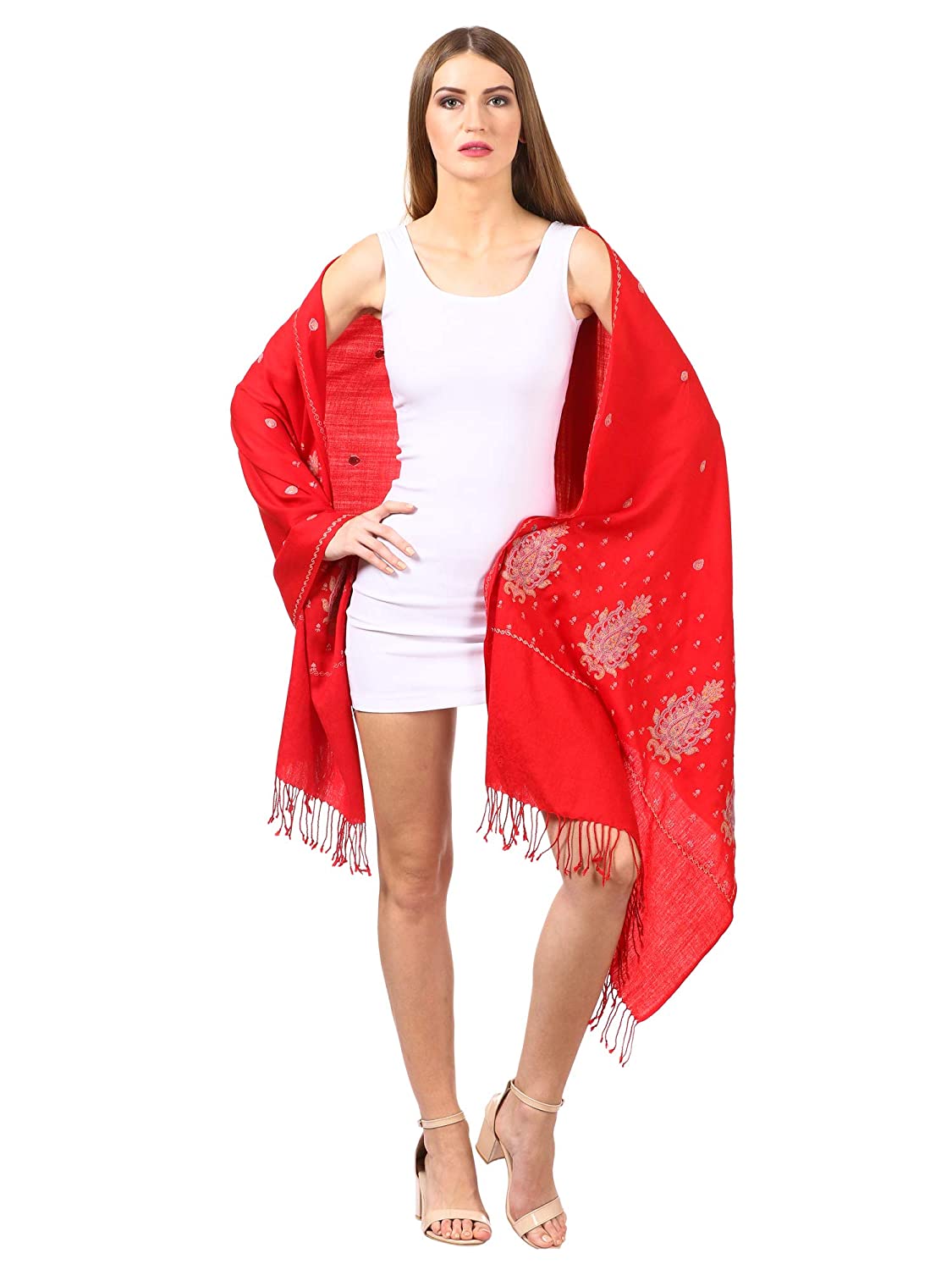 Pashtush India Stole Pashtush Womens Fine Wool Kashmiri Embroidery Stole, red