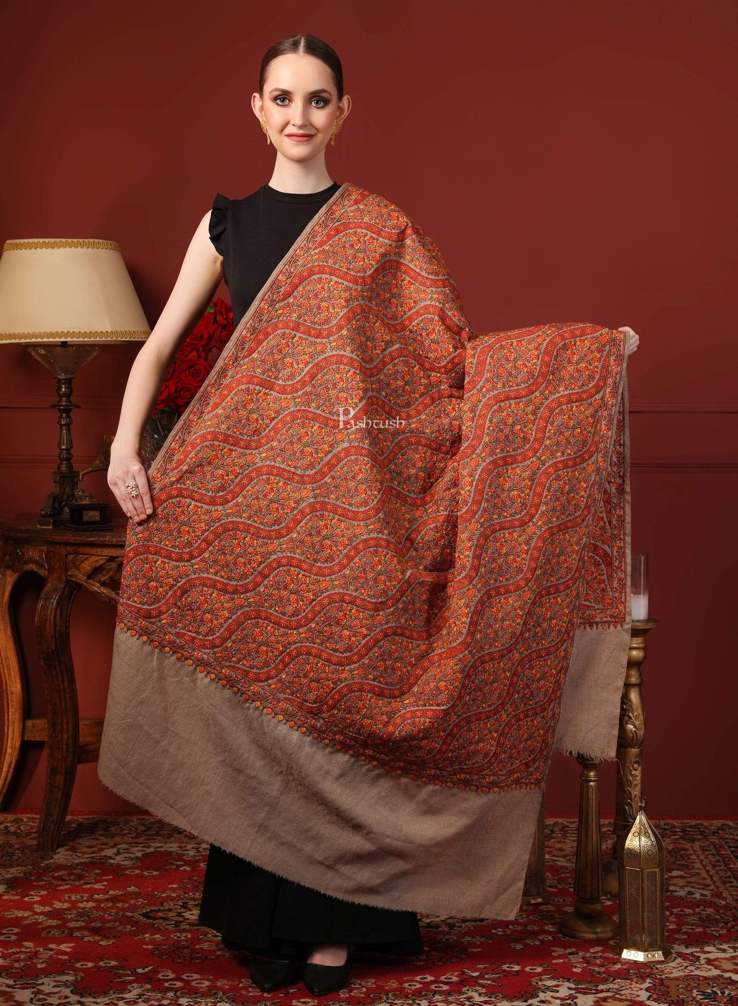 Pashtush India 100x200 Pashtush Womens Fine Wool , Kashmiri Sozni Embroidery Stole