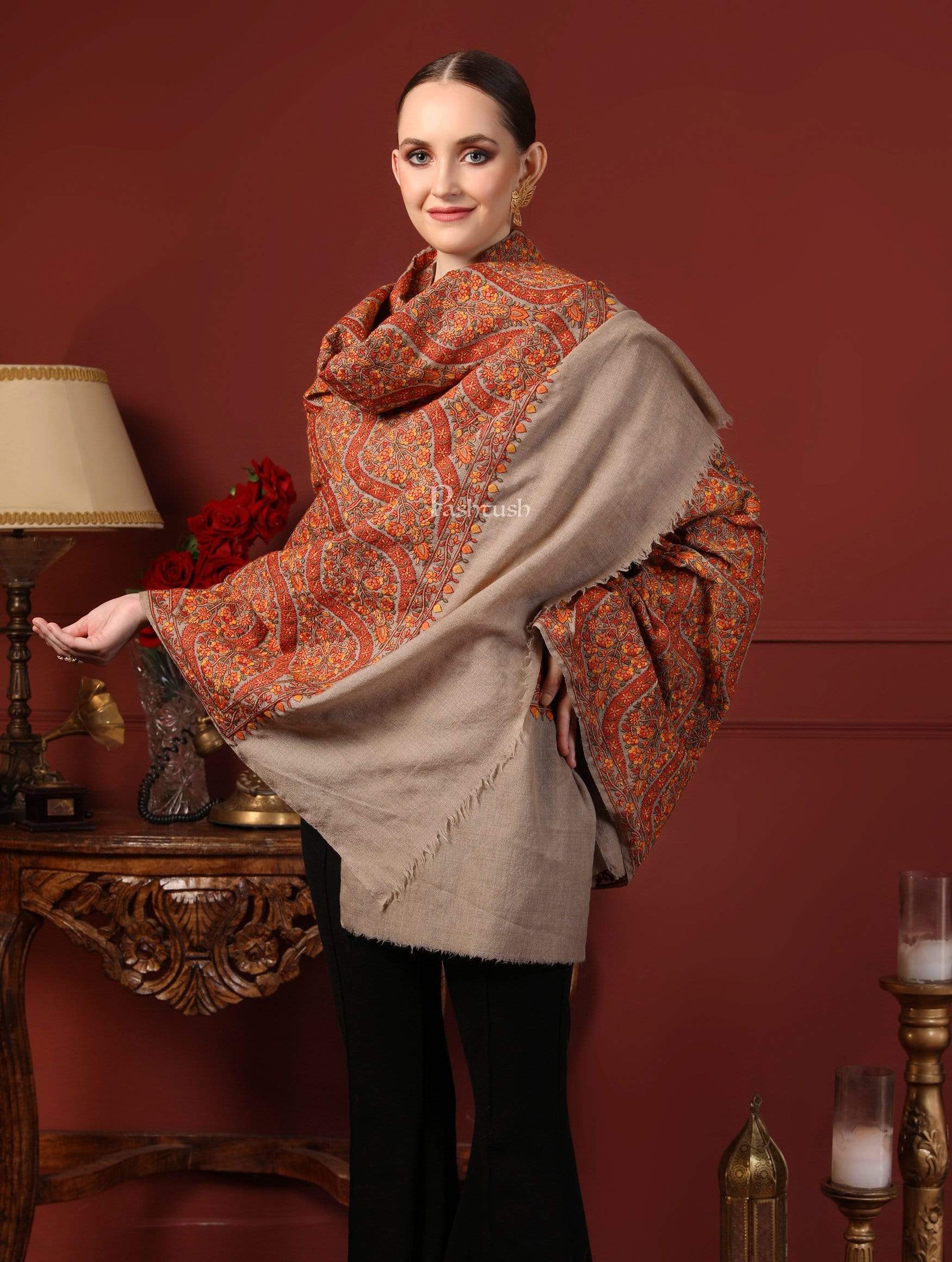 Pashtush India 100x200 Pashtush Womens Fine Wool , Kashmiri Sozni Embroidery Stole