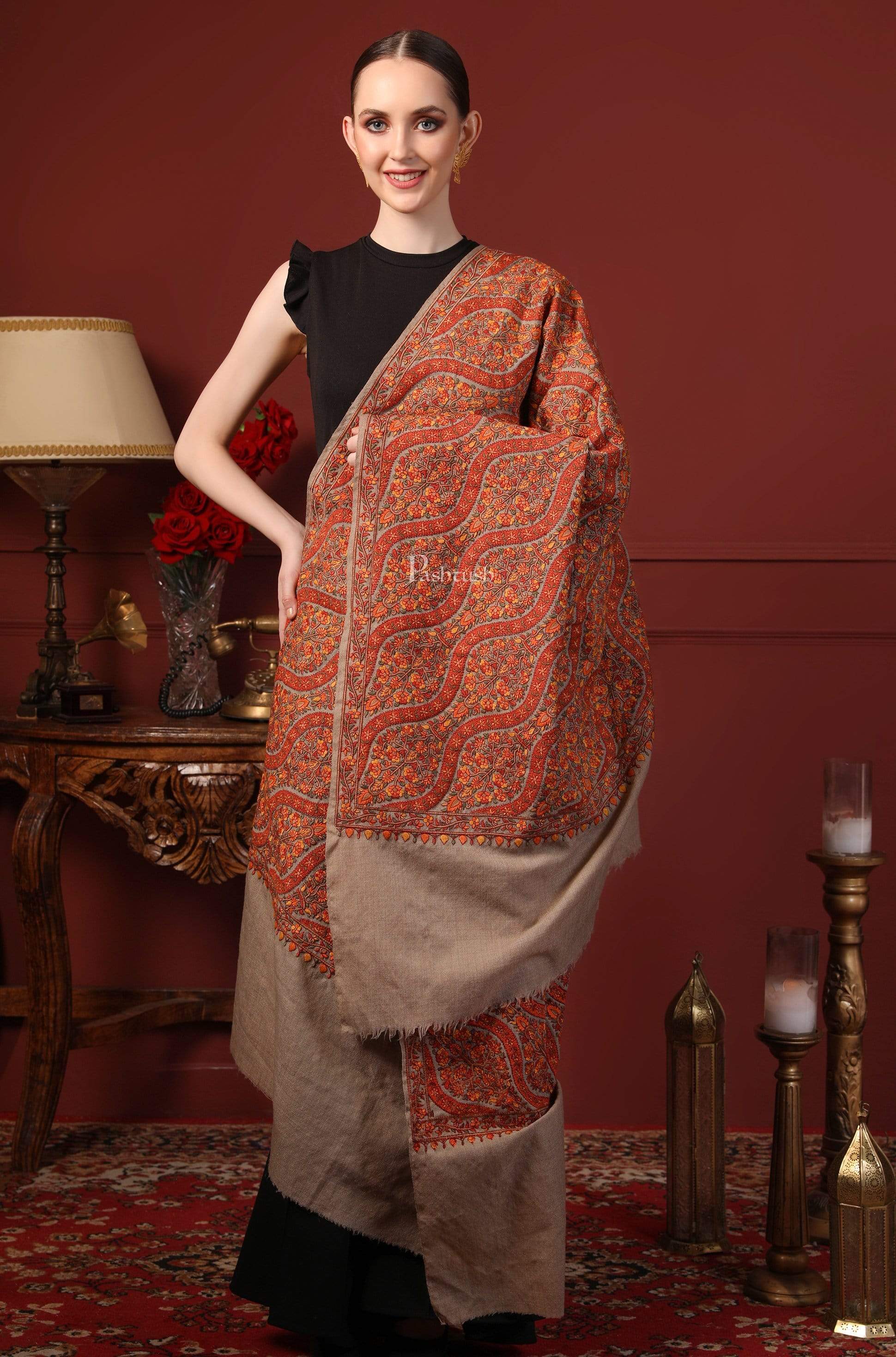 Pashtush India 100x200 Pashtush Womens Fine Wool , Kashmiri Sozni Embroidery Stole