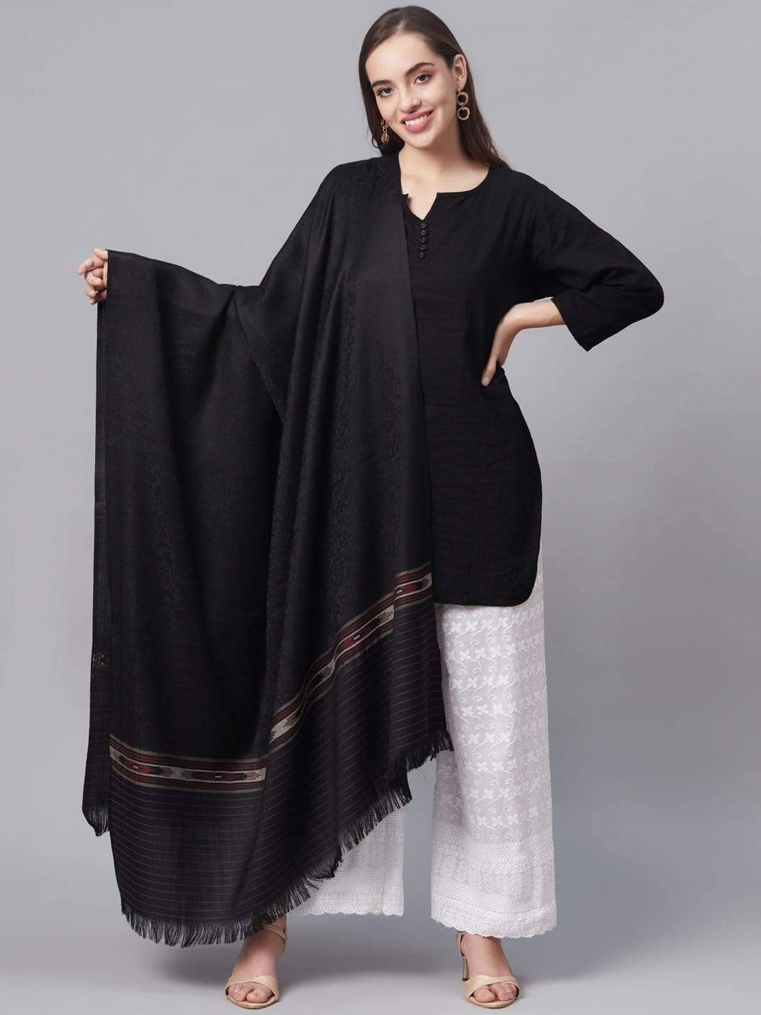 Pashtush India 100x200 Pashtush Womens Fine Wool Kullu Weave Shawl, Soft and Warm, Black
