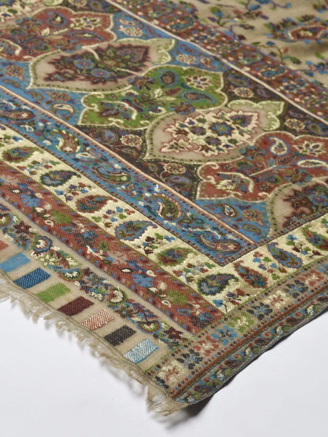Pashtush India 100x200 Pashtush Women Beige  Blue Pure Wool Woven Design Kaani Shawl