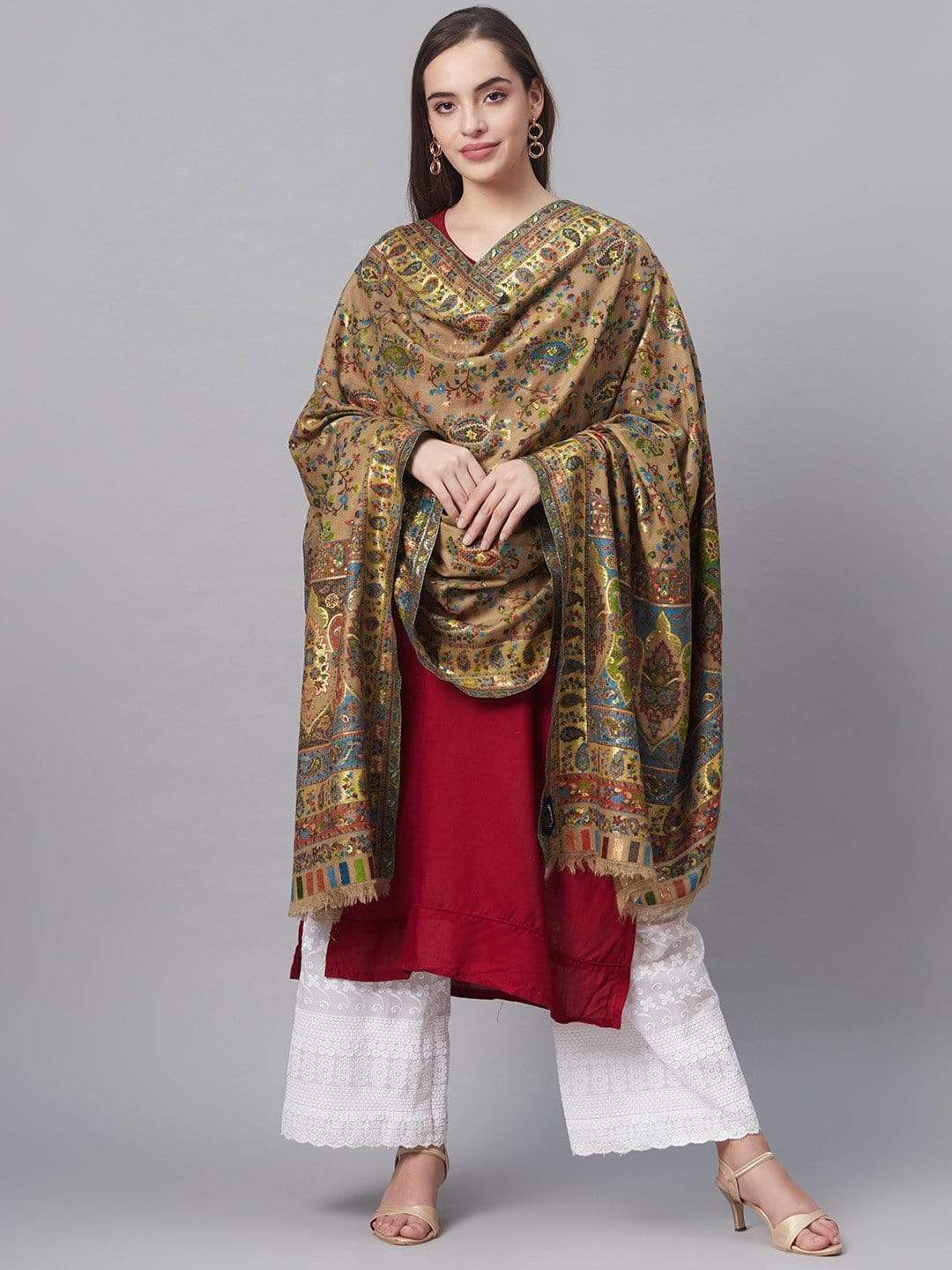 Pashtush India 100x200 Pashtush Women Beige  Blue Pure Wool Woven Design Kaani Shawl