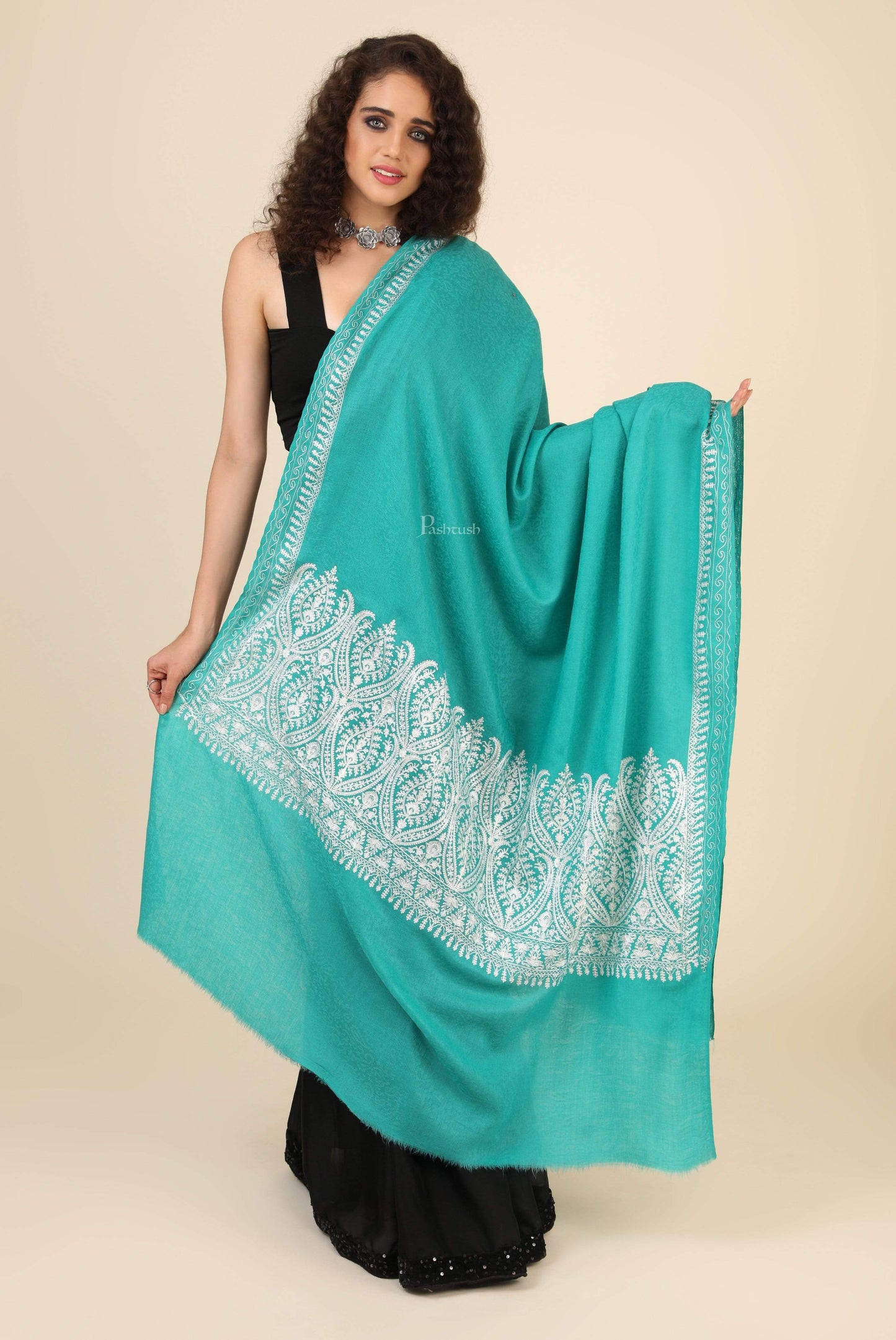 Pashtush India 114x228 Pashtush Womens Fine Wool Shawl, With Tone on Tone Nalki Embroidery, Soft and Warm