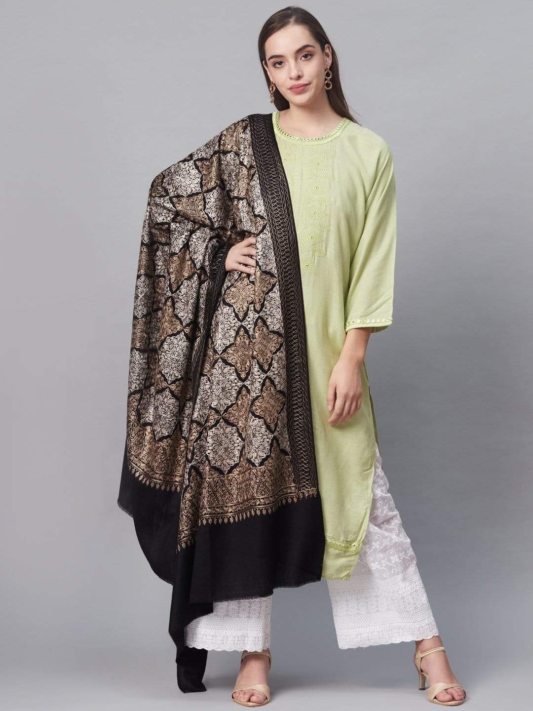 Pashtush India 100x200 Pashutsh Women Black  Beige Ethnic Motifs Embroidered Designer Shawl