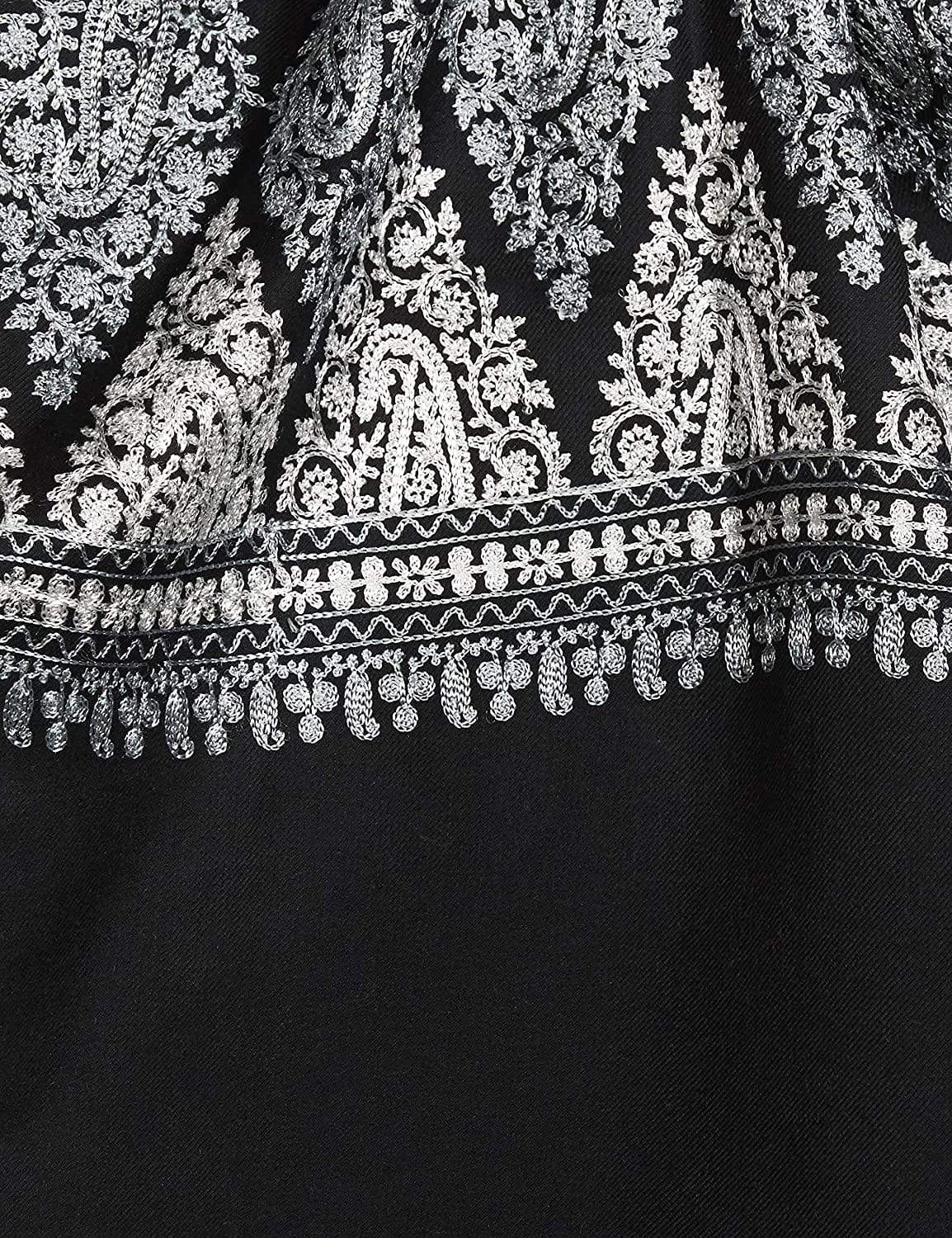 Pashtush India 70x200 Pashtush Womens Fine Wool, Silky Nalki Embroidery Needlework Stole, Black