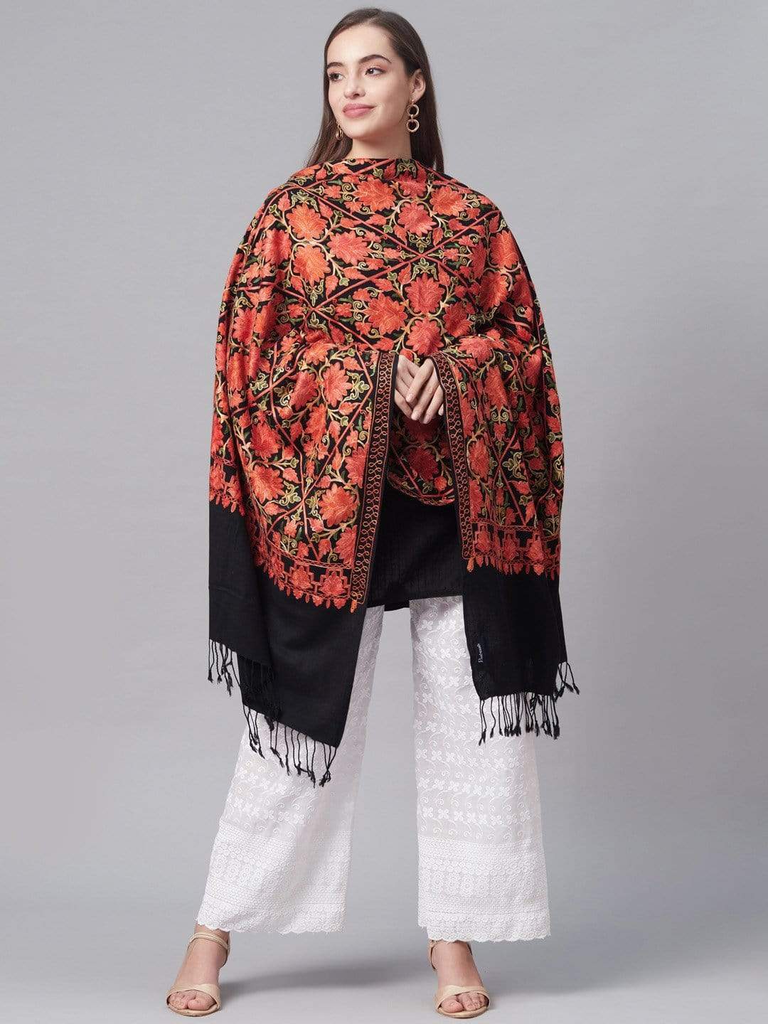 Pashtush India 70x200 PASHTUSH WOMENS FINE WOOL, SILKY NALKI EMBROIDERY NEEDLEWORK STOLE, BLACK