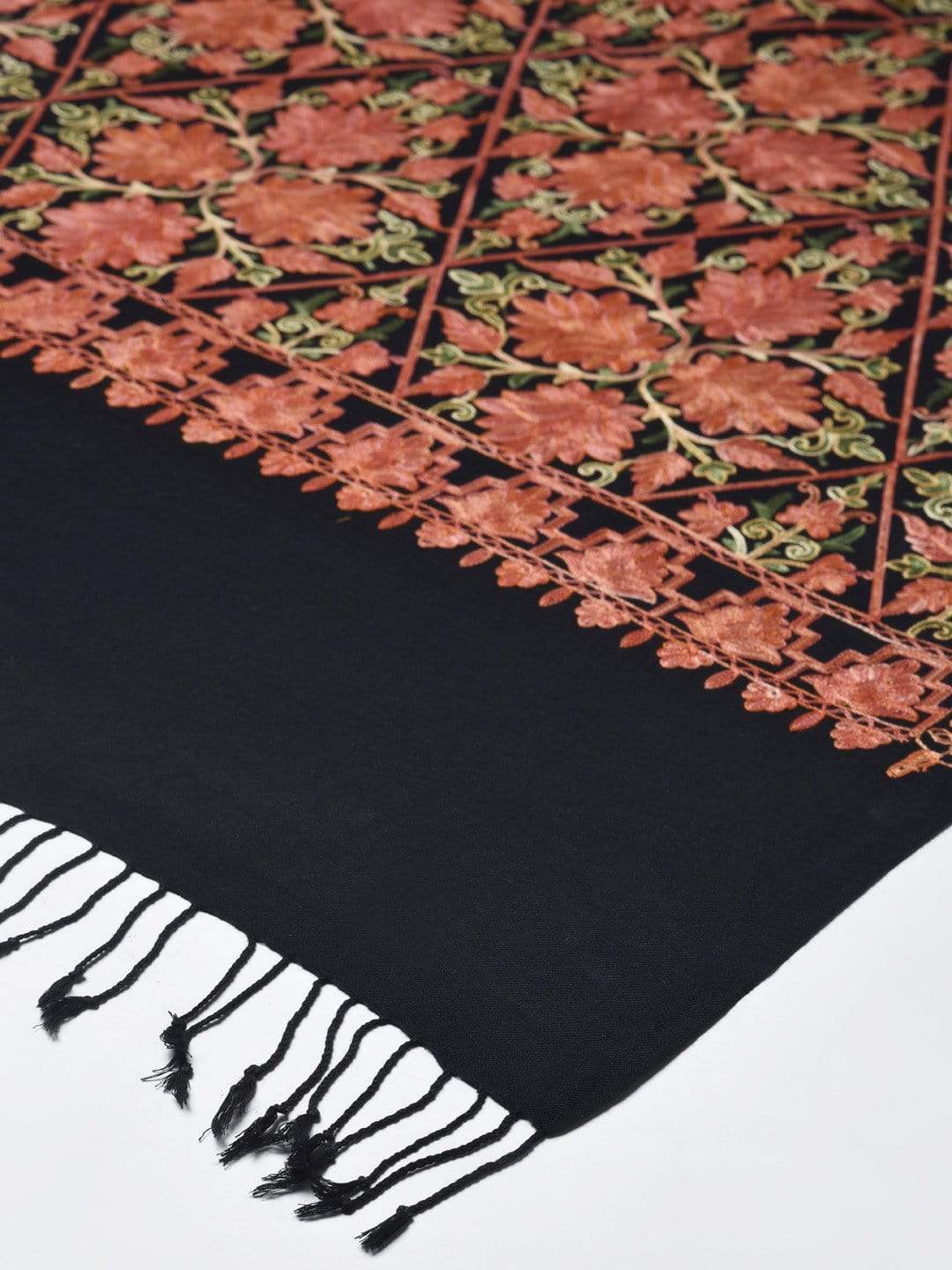 Pashtush India 70x200 PASHTUSH WOMENS FINE WOOL, SILKY NALKI EMBROIDERY NEEDLEWORK STOLE, BLACK