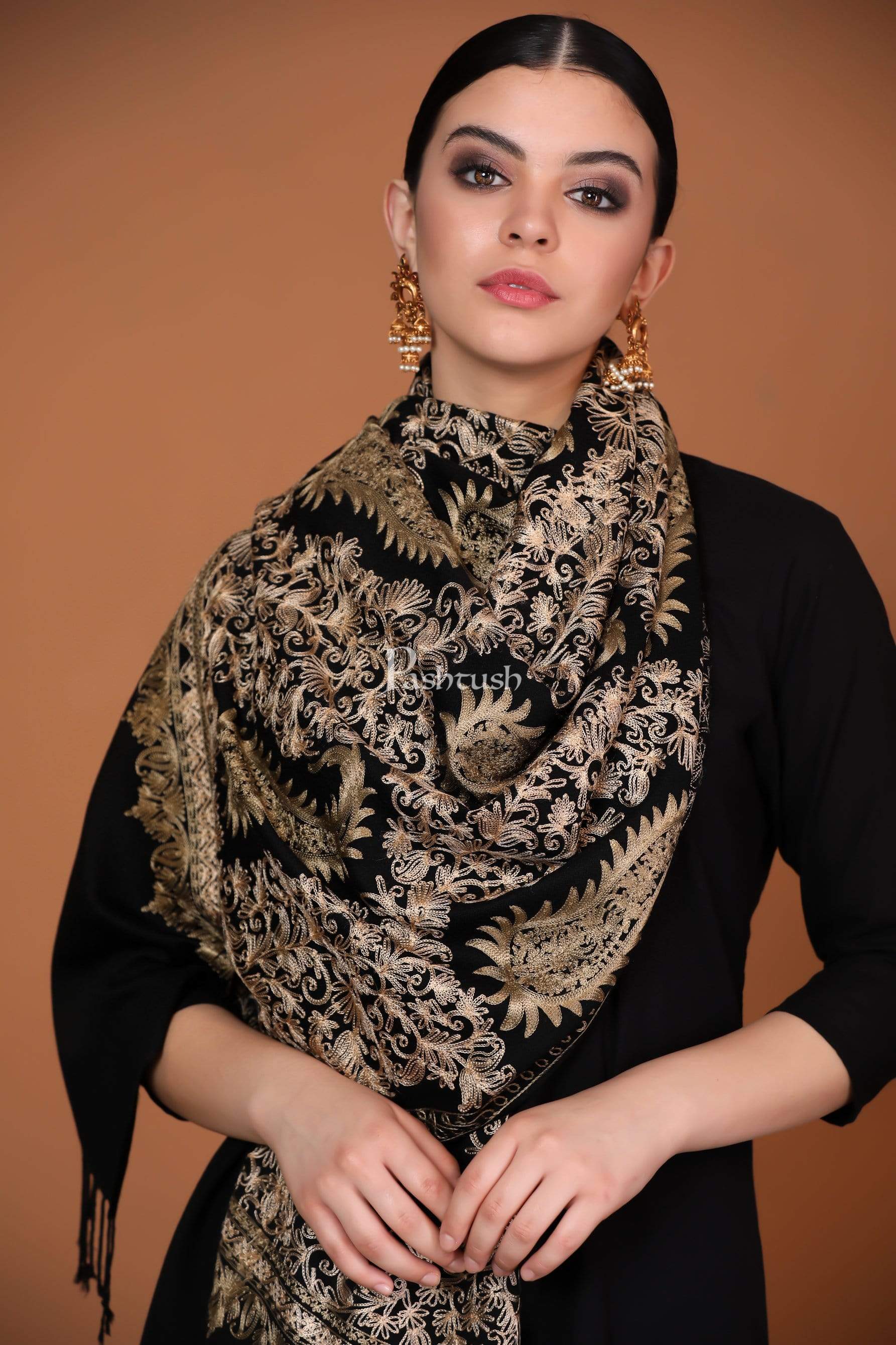 Pashtush India 70x200 Pashtush Womens Fine Wool, Silky Nalki Embroidery Needlework Stole, Black