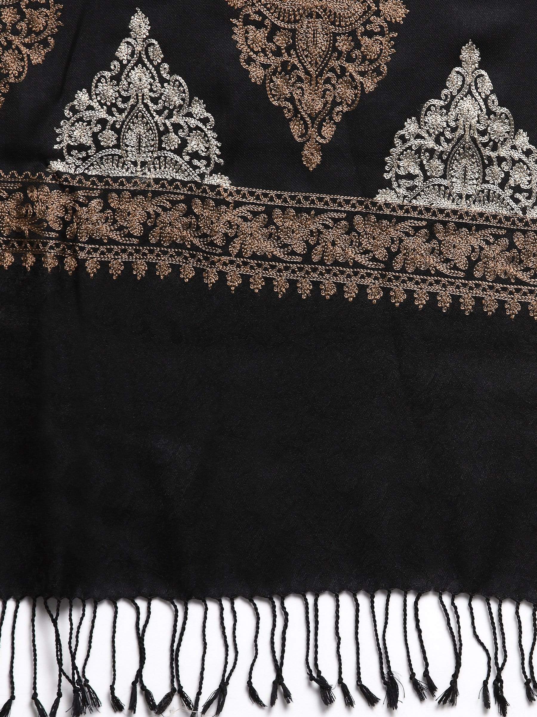 Pashtush India 70x200 Pashtush Womens Fine Wool, Silky Nalki Embroidery Needlework Stole, Black