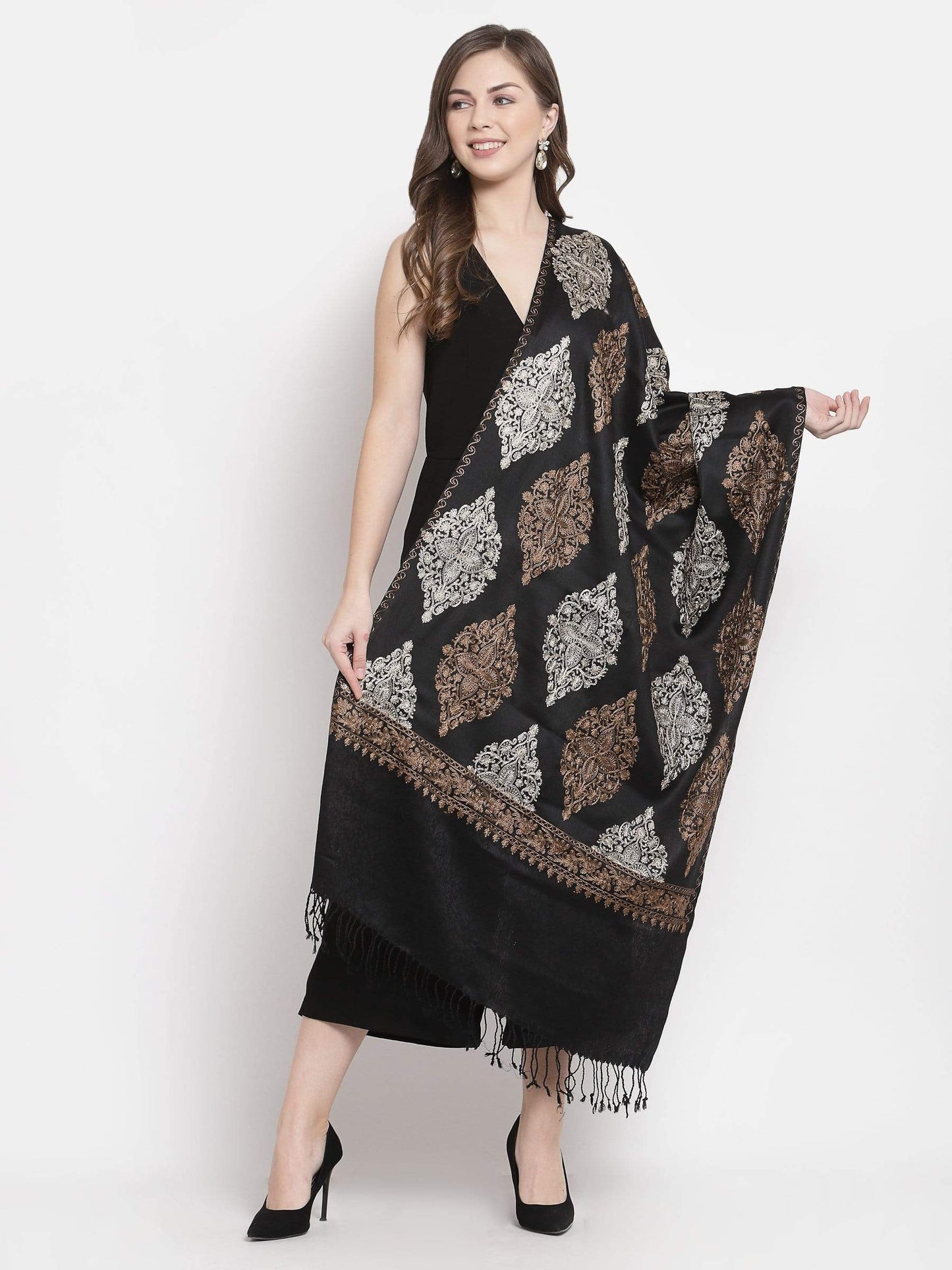 Pashtush India 70x200 Pashtush Womens Fine Wool, Silky Nalki Embroidery Needlework Stole, Black