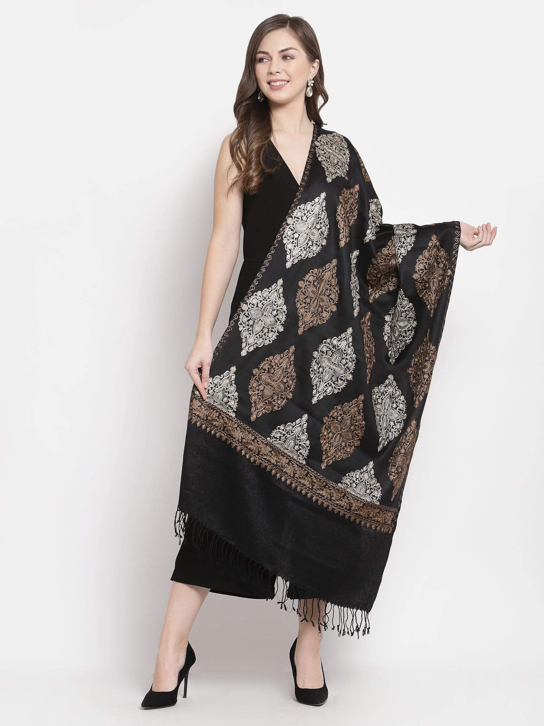Pashtush India 70x200 Pashtush Womens Fine Wool, Silky Nalki Embroidery Needlework Stole, Black