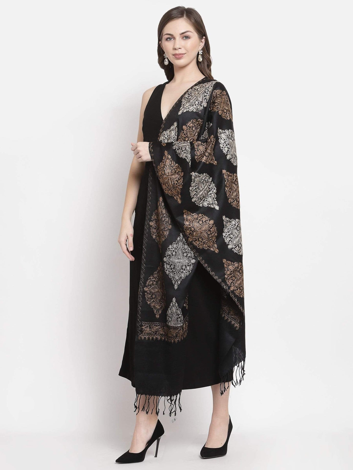 Pashtush India 70x200 Pashtush Womens Fine Wool, Silky Nalki Embroidery Needlework Stole, Black