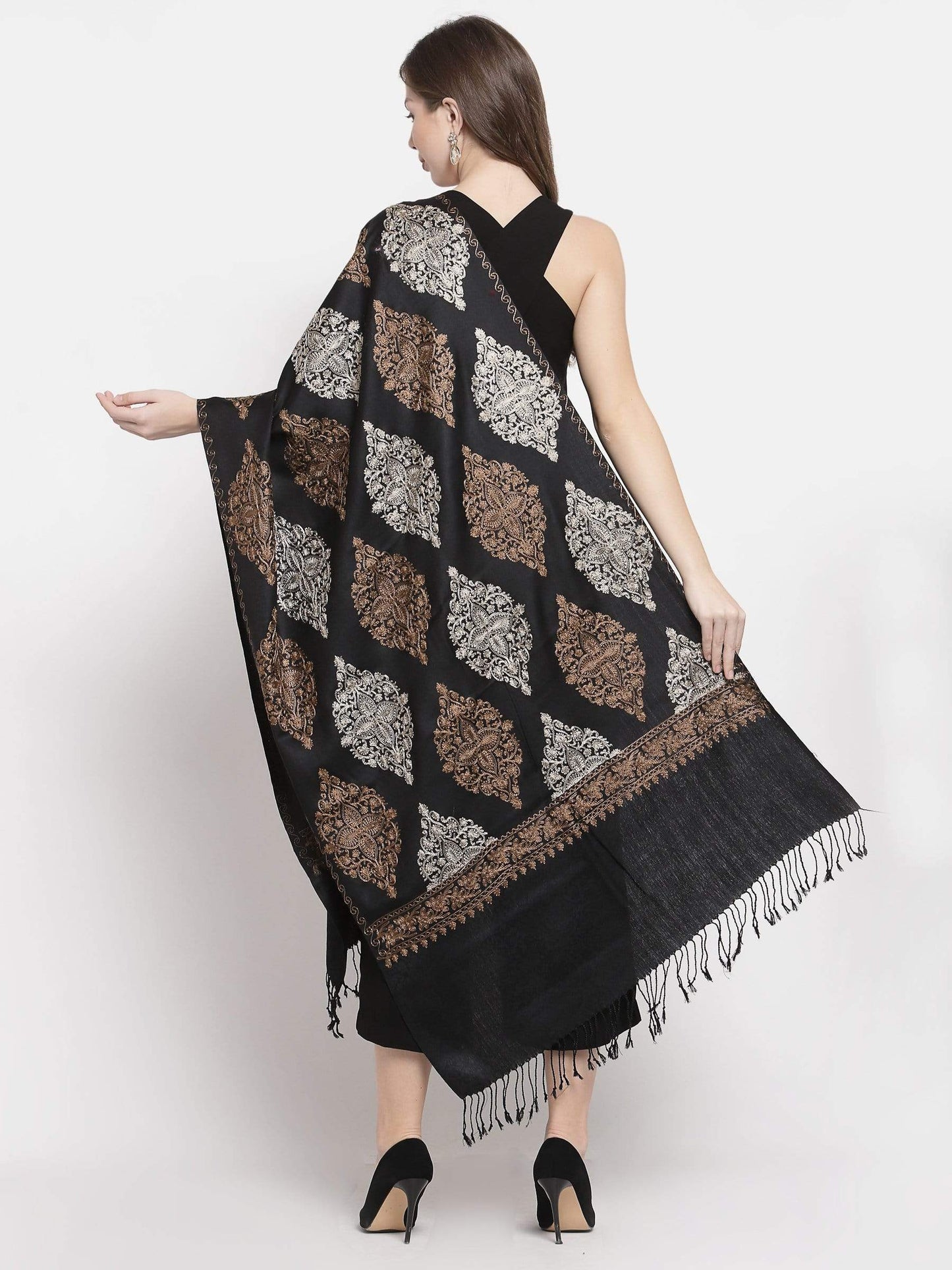 Pashtush India 70x200 Pashtush Womens Fine Wool, Silky Nalki Embroidery Needlework Stole, Black