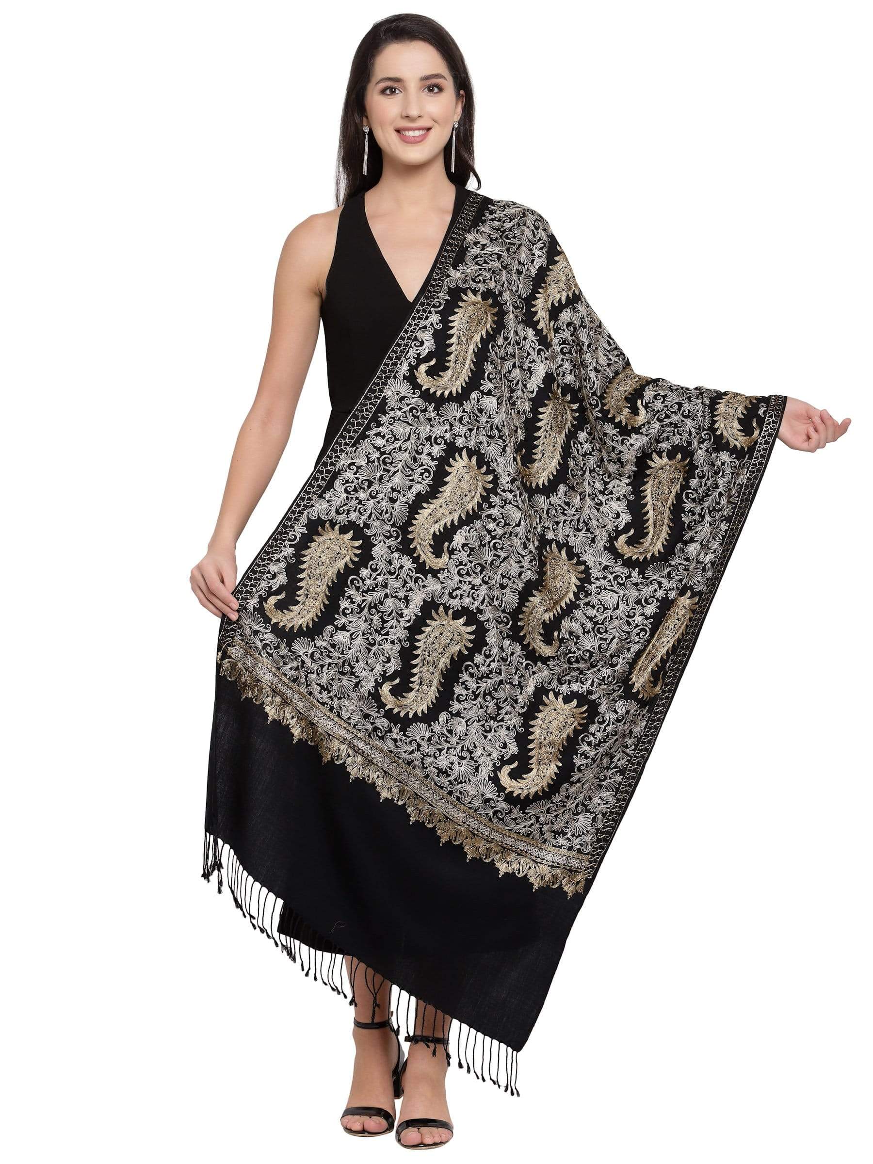 Pashtush India 70x200 Pashtush Womens Fine Wool, Silky Nalki Embroidery Needlework Stole, Black