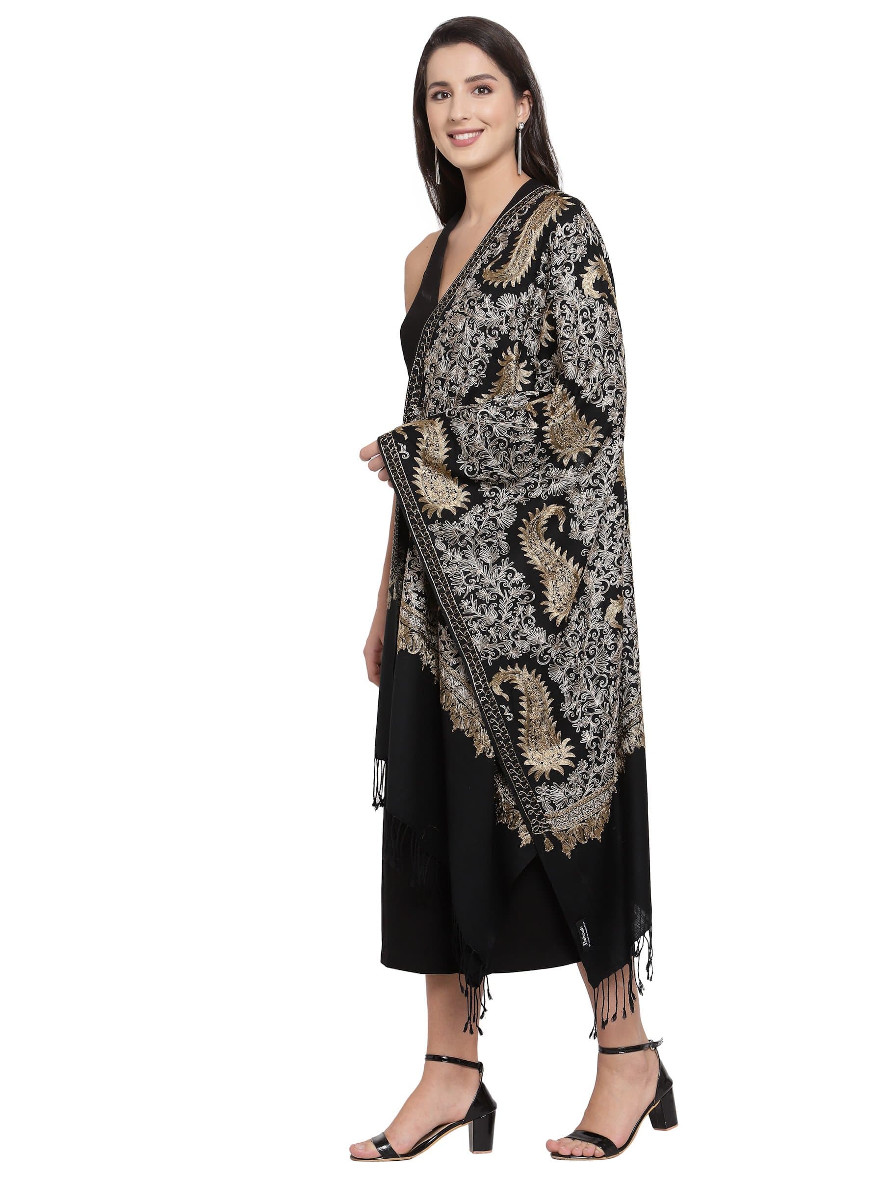 Pashtush India 70x200 Pashtush Womens Fine Wool, Silky Nalki Embroidery Needlework Stole, Black