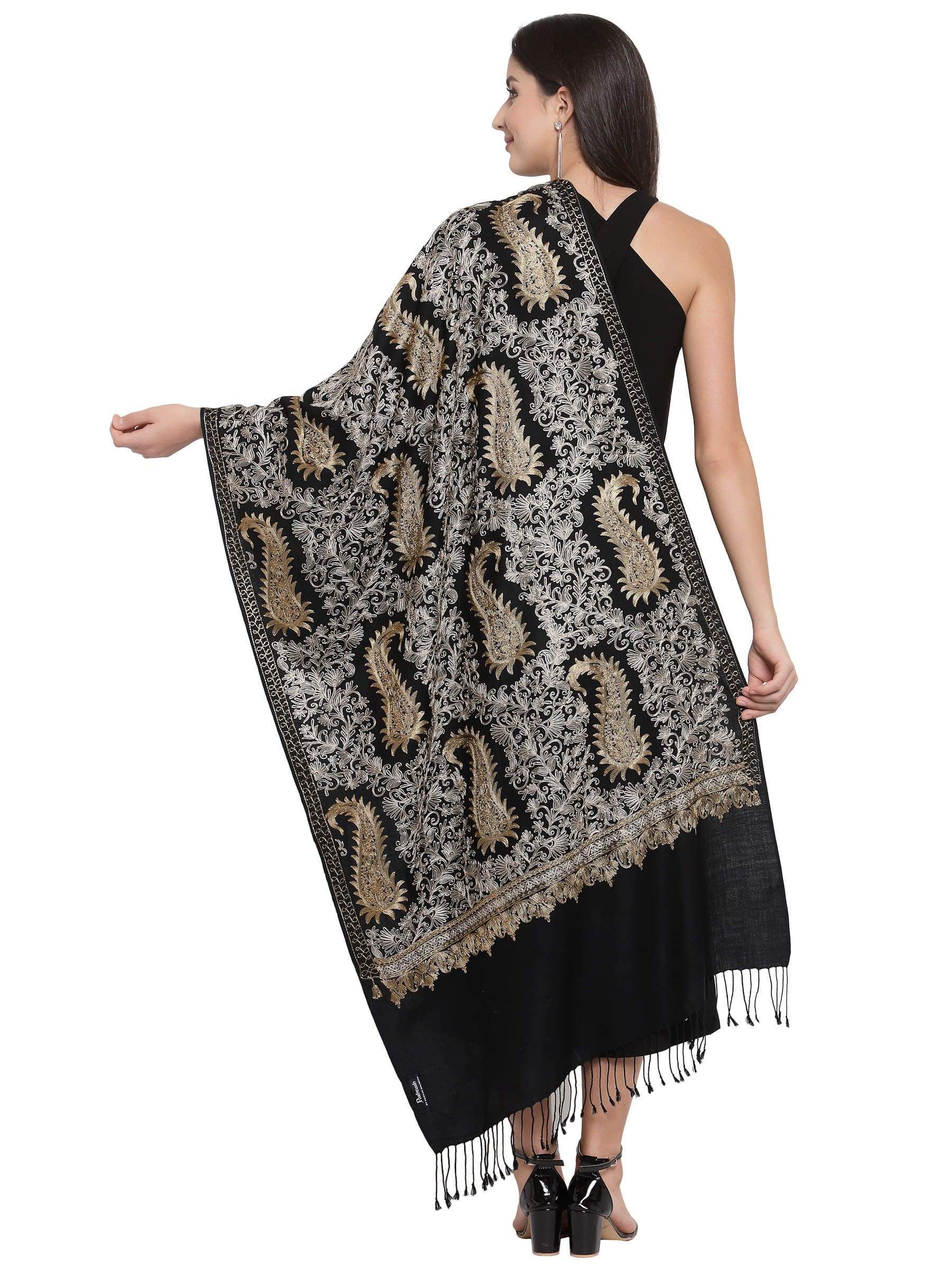 Pashtush India 70x200 Pashtush Womens Fine Wool, Silky Nalki Embroidery Needlework Stole, Black