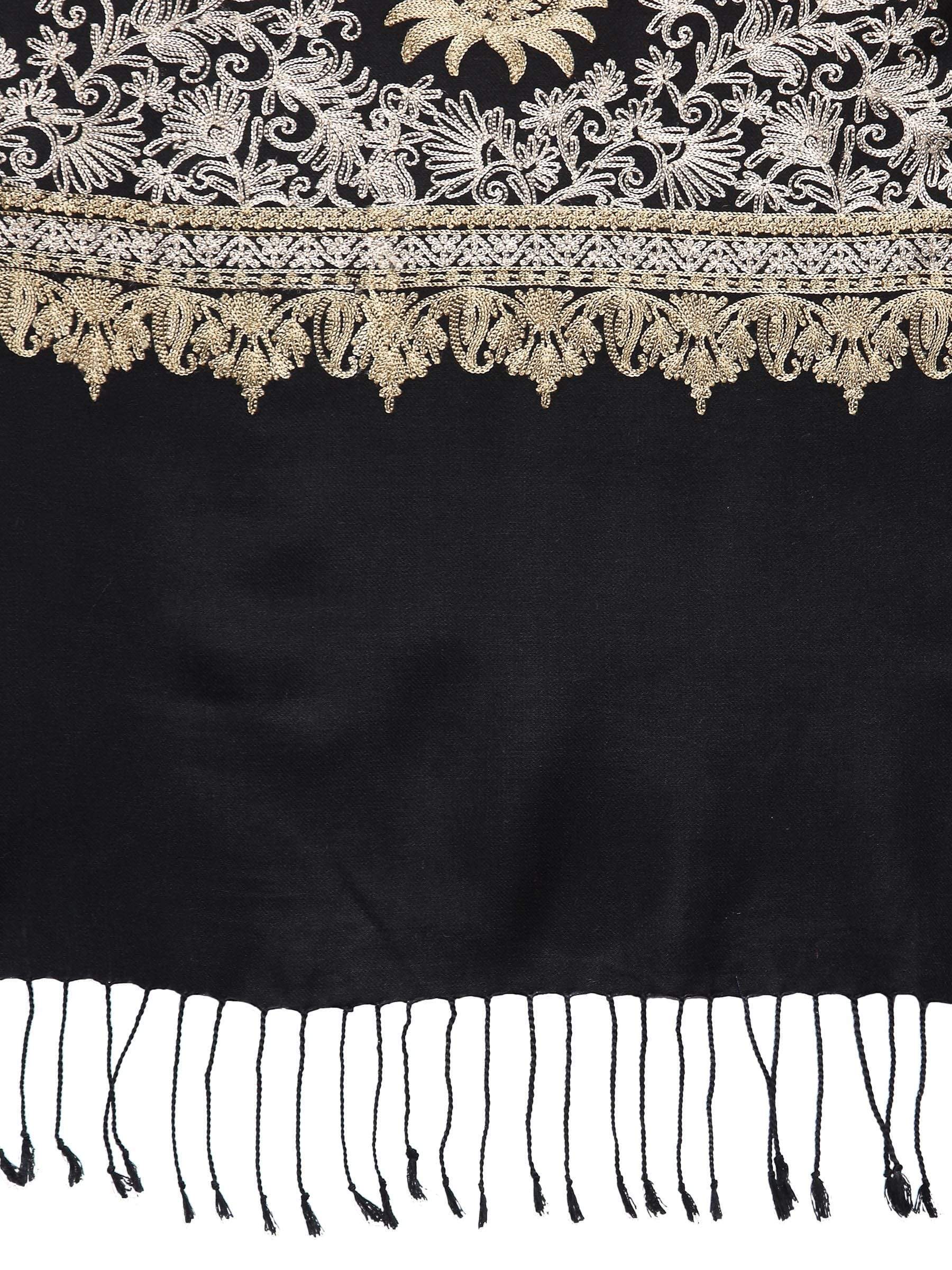 Pashtush India 70x200 Pashtush Womens Fine Wool, Silky Nalki Embroidery Needlework Stole, Black