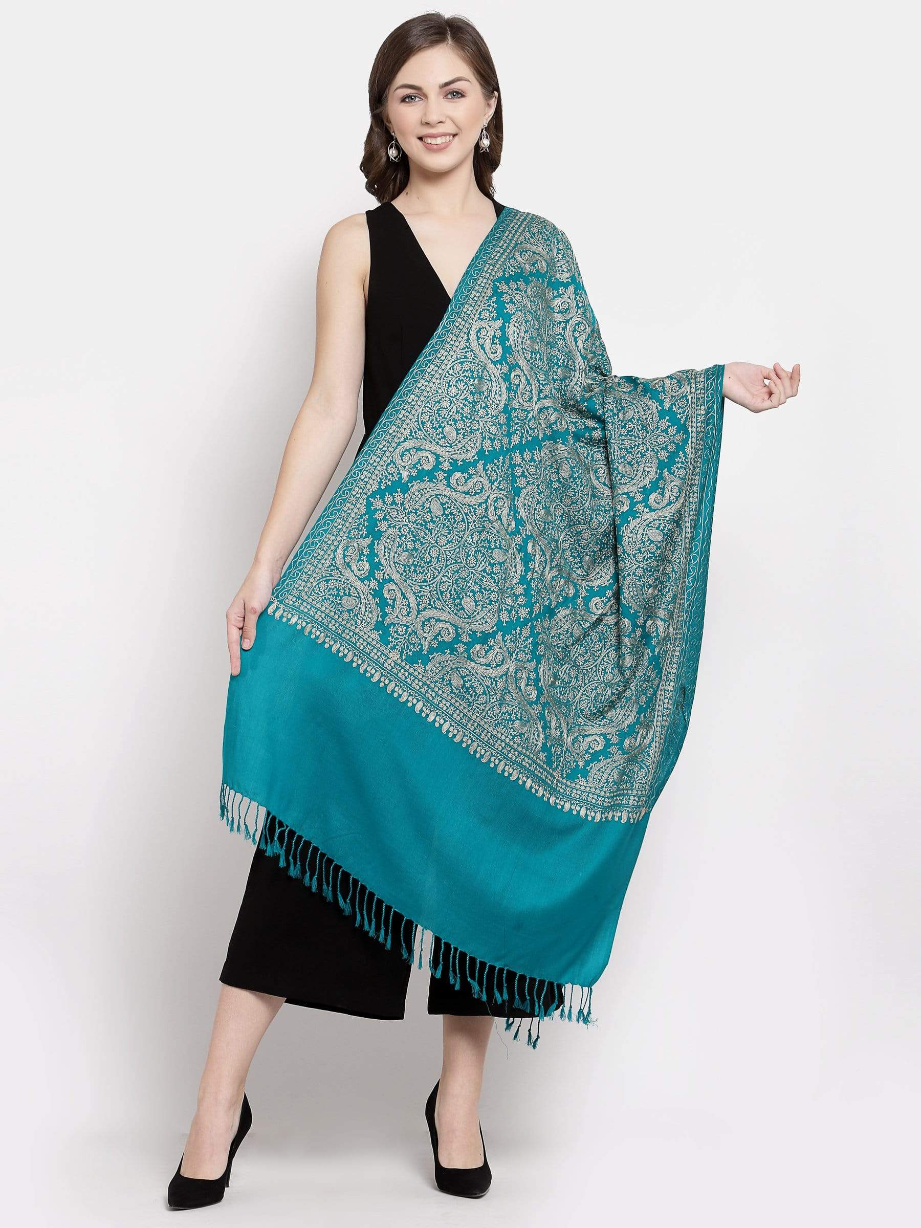 Pashtush India 70x200 Pashtush Womens Fine Wool, Silky Nalki Embroidery Needlework Stole, Cobalt Blue