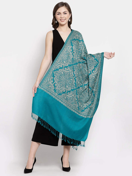Pashtush India 70x200 Pashtush Womens Fine Wool, Silky Nalki Embroidery Needlework Stole, Cobalt Blue