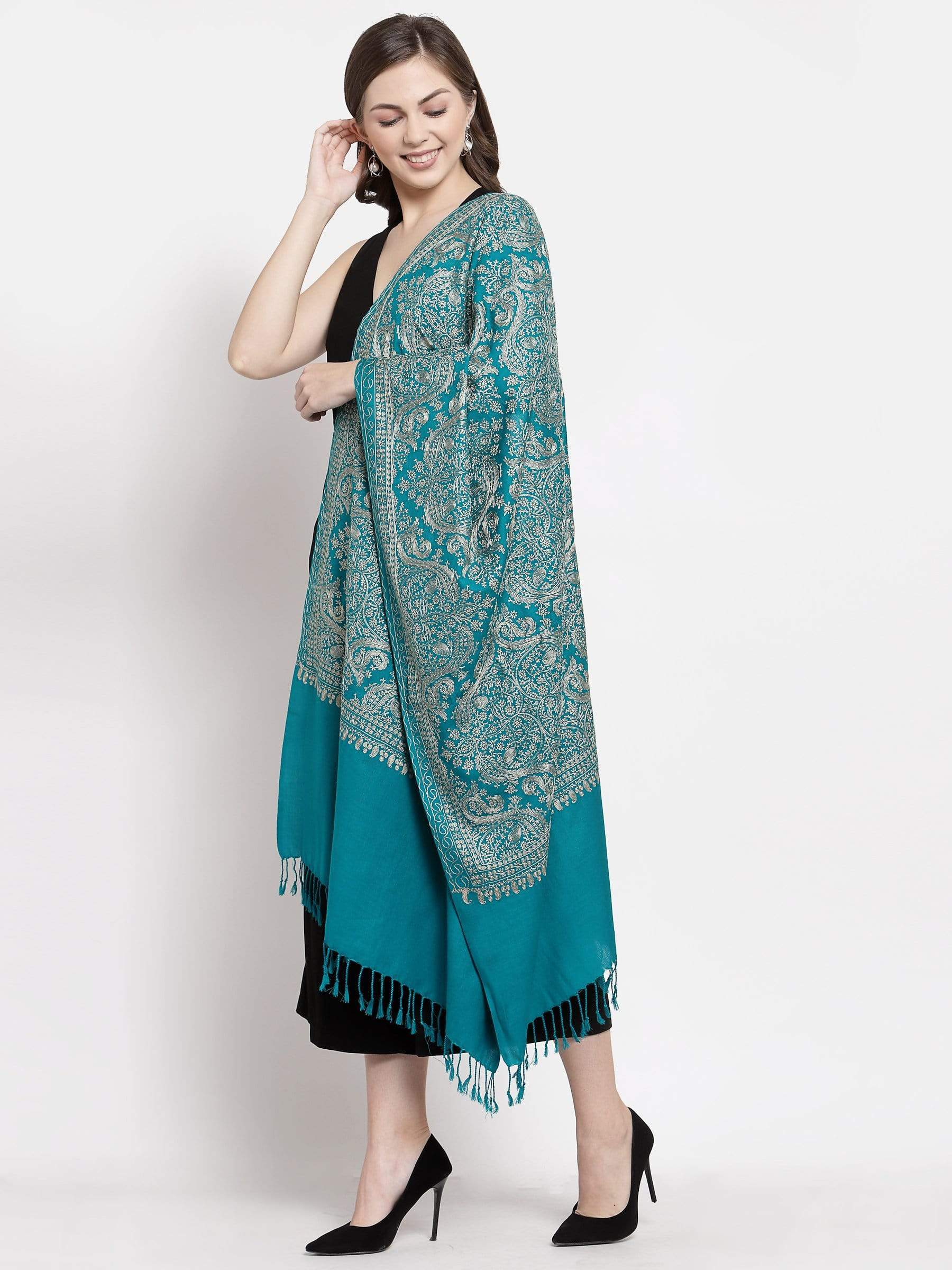 Pashtush India 70x200 Pashtush Womens Fine Wool, Silky Nalki Embroidery Needlework Stole, Cobalt Blue
