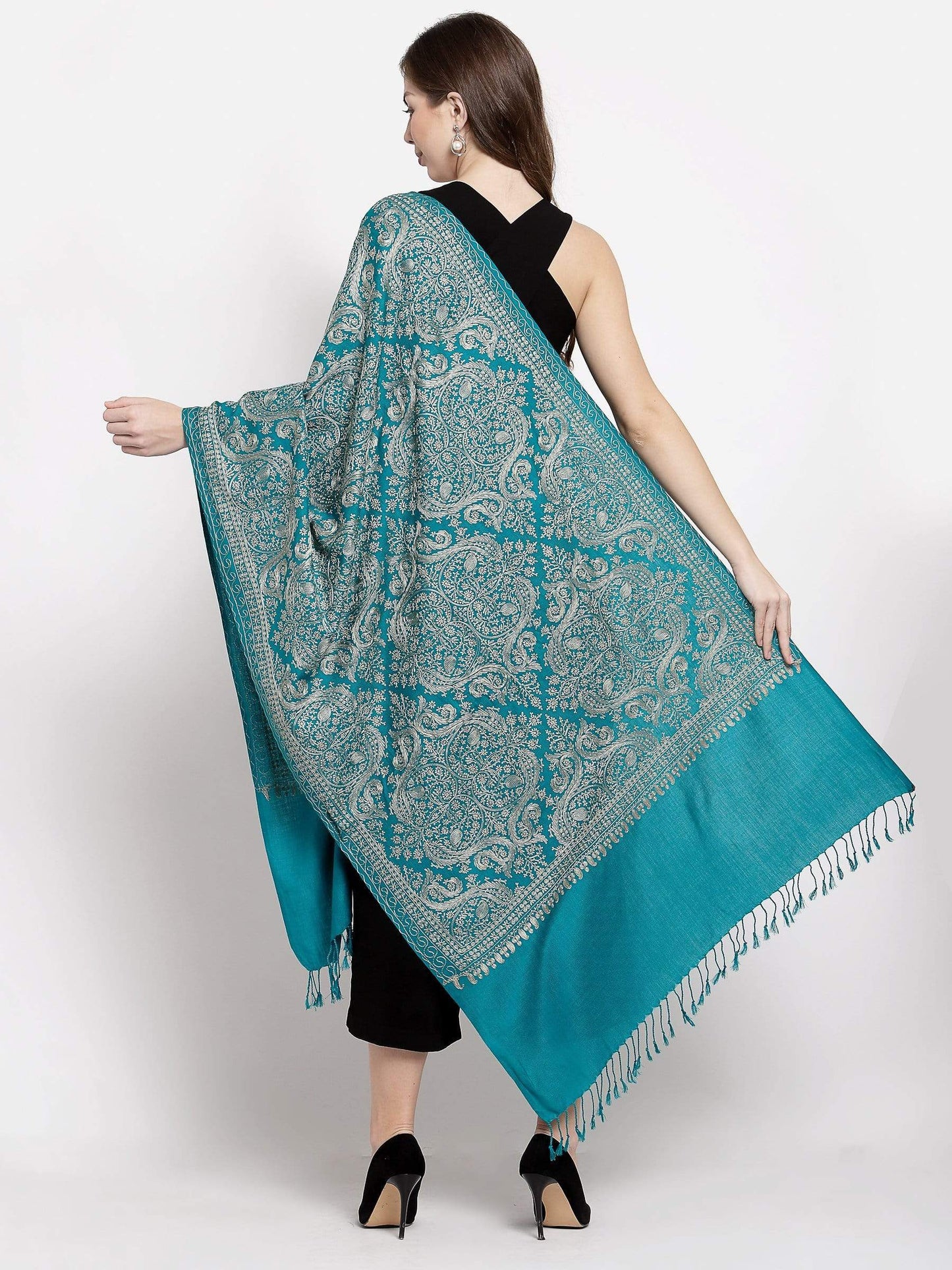Pashtush India 70x200 Pashtush Womens Fine Wool, Silky Nalki Embroidery Needlework Stole, Cobalt Blue