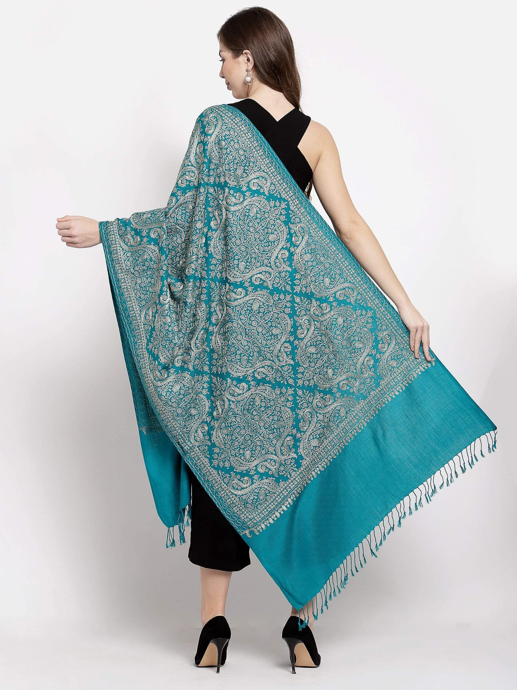 Pashtush India 70x200 Pashtush Womens Fine Wool, Silky Nalki Embroidery Needlework Stole, Cobalt Blue