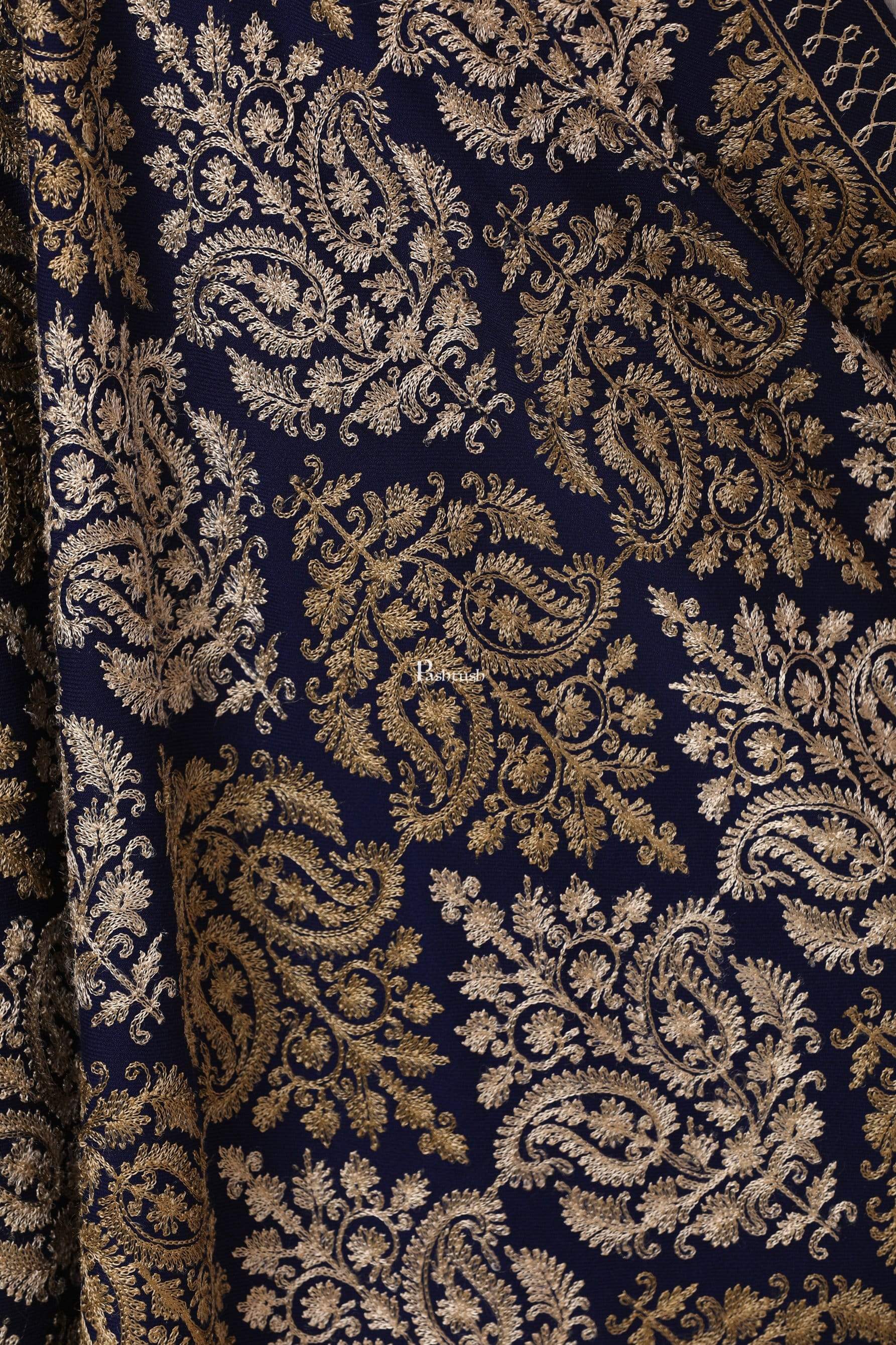 Pashtush Store Stole Pashtush Womens Fine Wool, Silky Nalki Embroidery Needlework Stole, Navy Blue