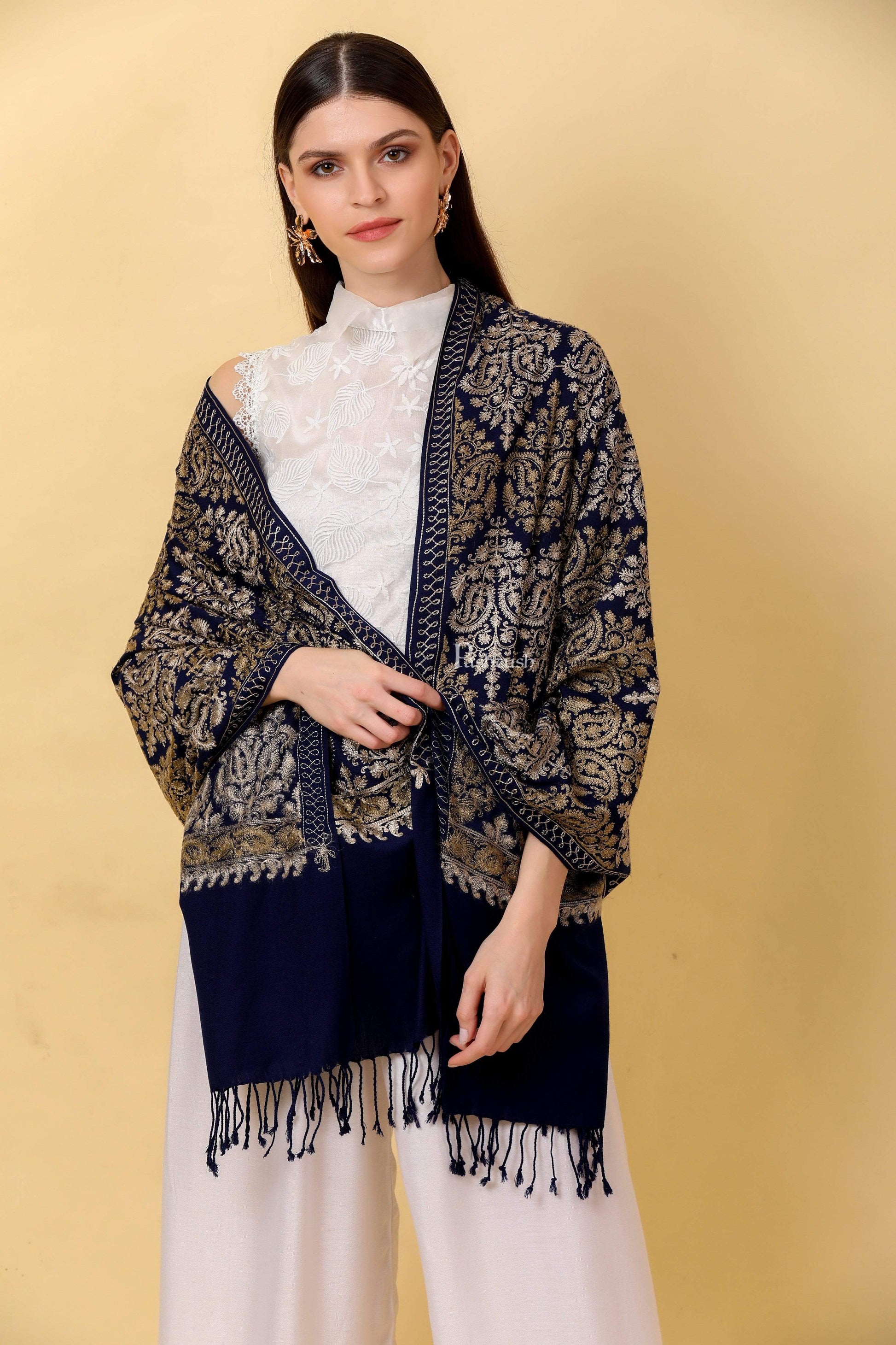 Pashtush India 70x200 Pashtush Womens Fine Wool, Silky Nalki Embroidery Needlework Stole, Navy Blue