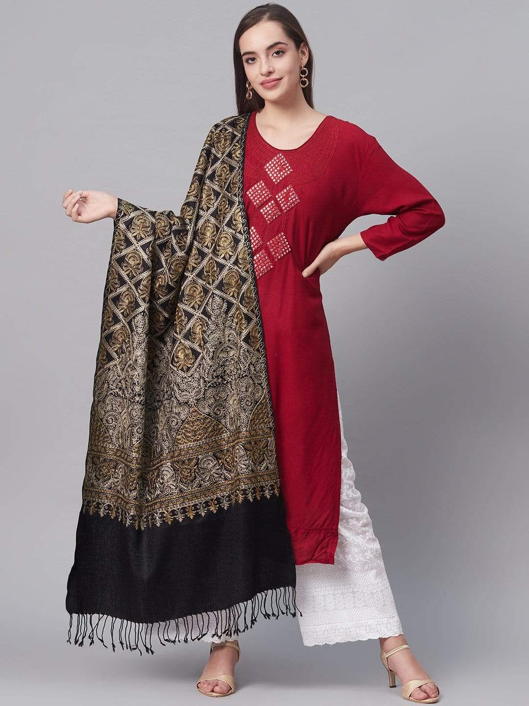 Pashtush India 70x200 Pashutsh Women Black  Beige Aari Embroidered Shawl