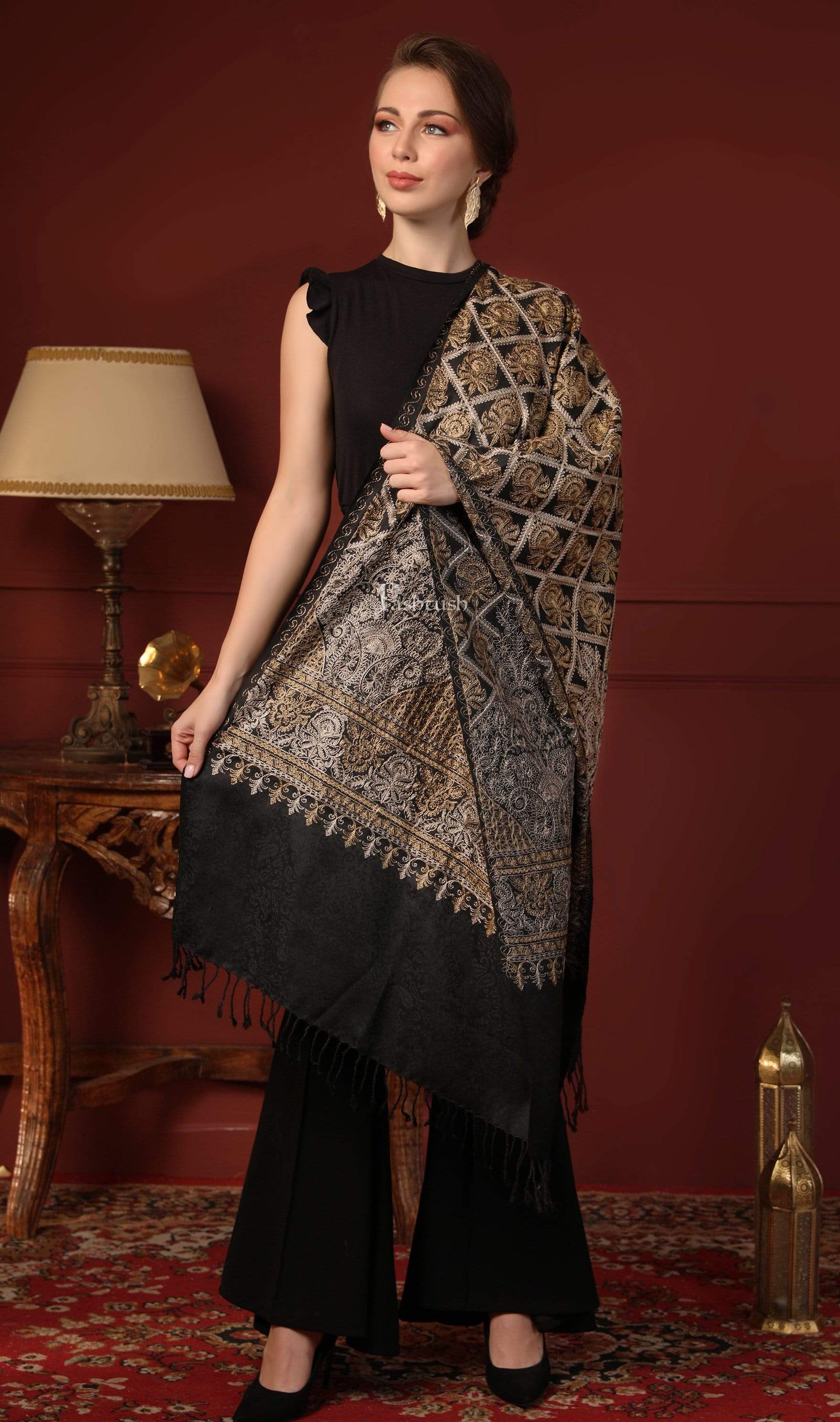 Pashtush India 70x200 Pashtush Womens Fine Wool Stole with Nalki Embroidery, Black