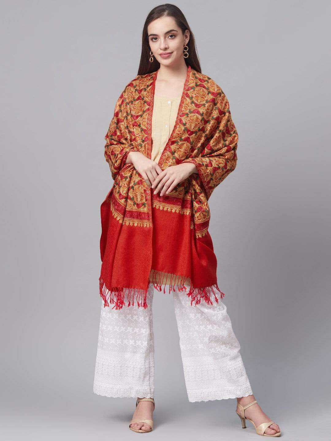 Pashtush India 70x200 PASHTUSH WOMENS FINE WOOL STOLE WITH NALKI EMBROIDERY, Red