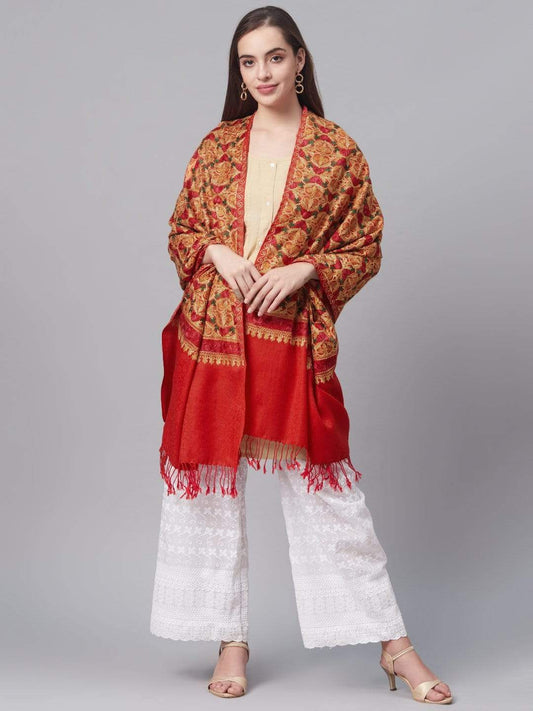 Pashtush India 70x200 PASHTUSH WOMENS FINE WOOL STOLE WITH NALKI EMBROIDERY, Red