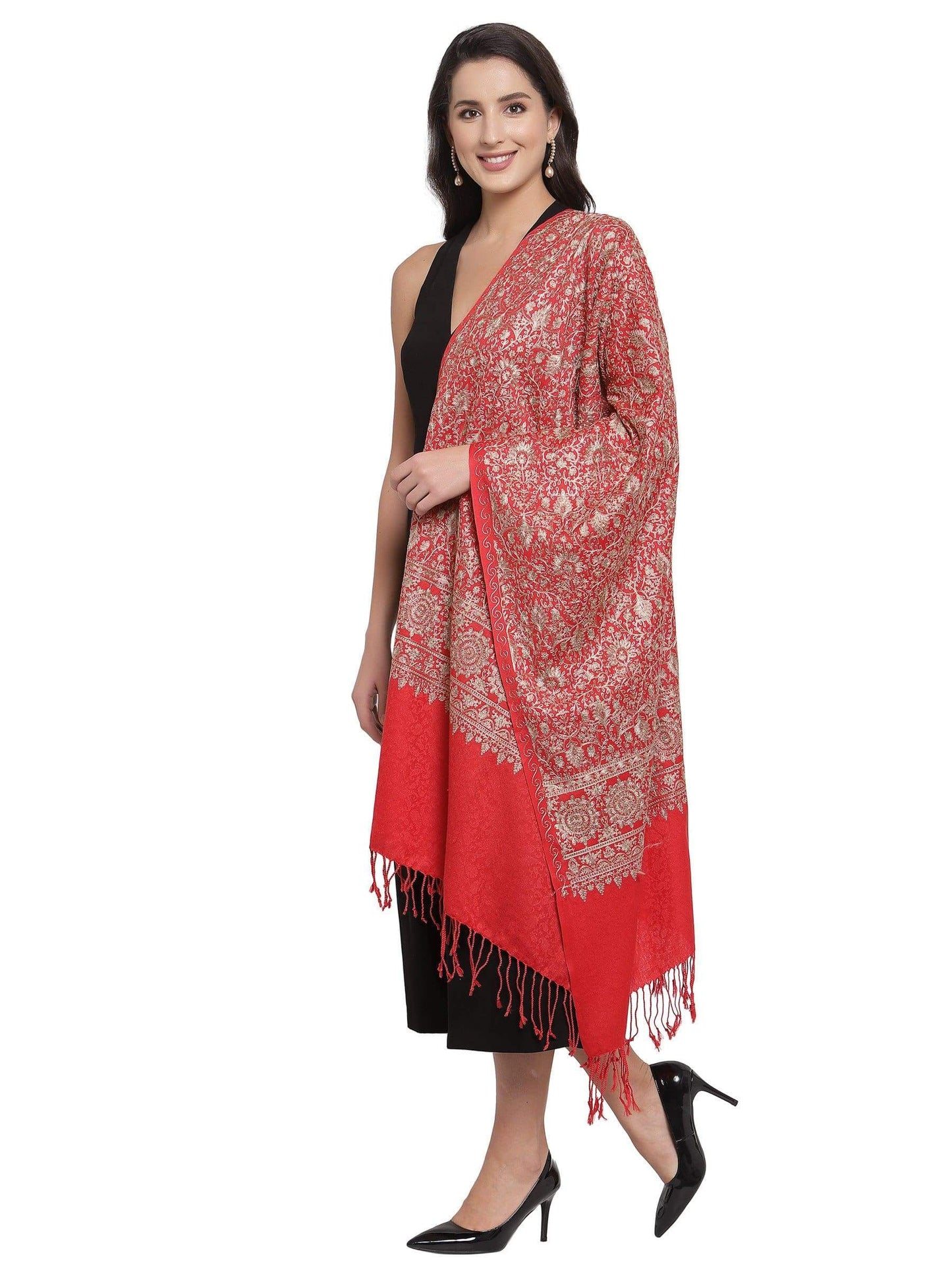 Pashtush India 70x200 Pashtush Womens Fine Wool Stole With Nalki Embroidery, Red