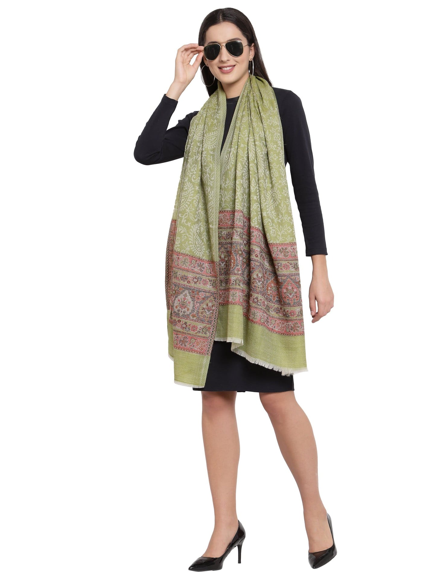 Pashtush India 70x200 Pashtush Womens Fine Wool Stole With Palla Weave, Soft, Warm and Light Weight