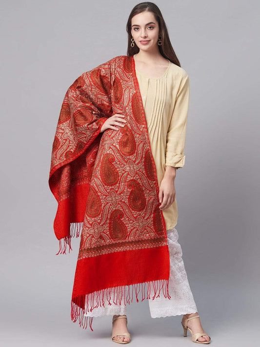 Pashtush India 70x200 Pashtush Womens Fine Wool Stole, With Silky Nalki Embroidery, Self Weave, Crimson Red