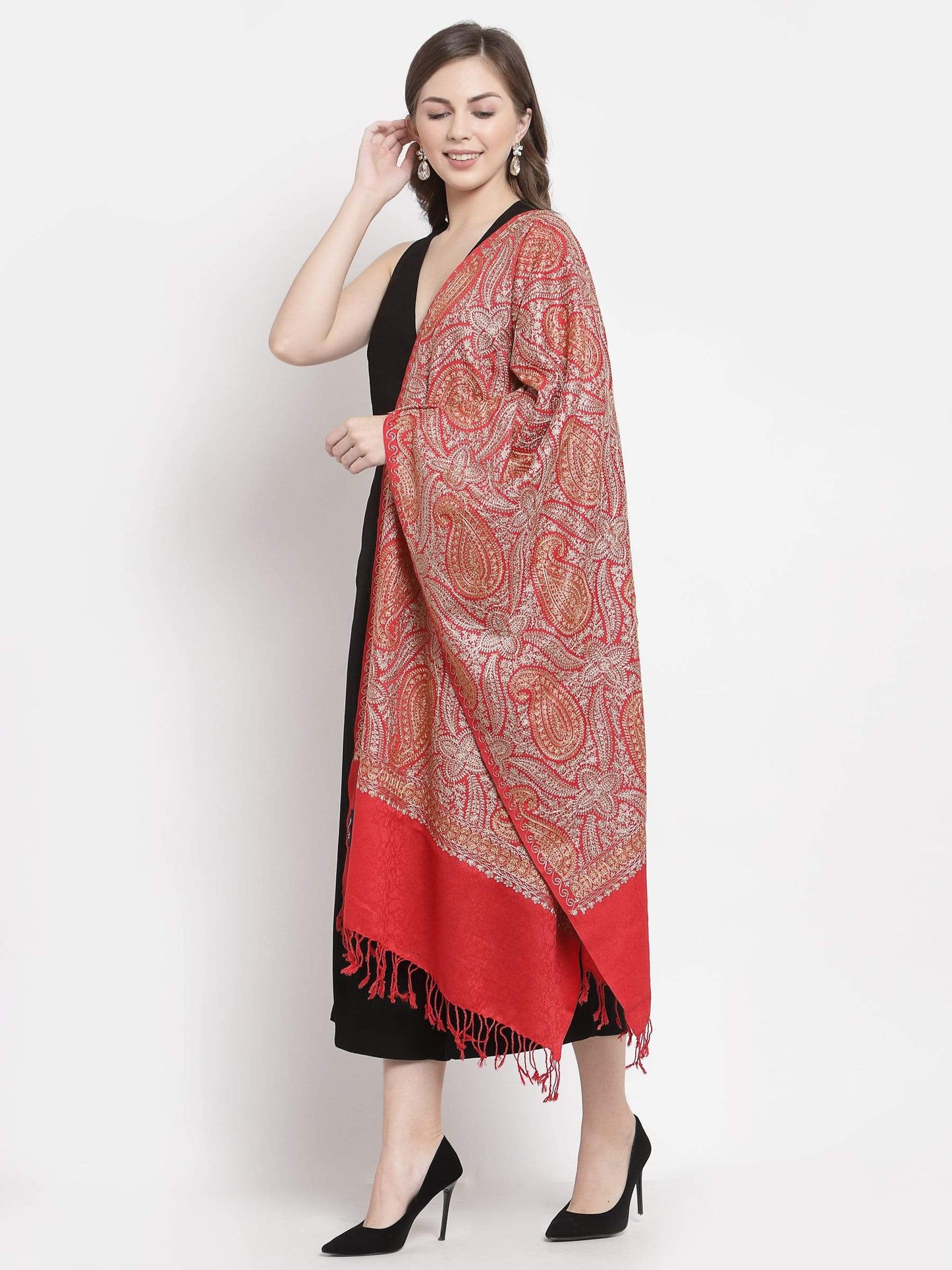 Pashtush India 70x200 Pashtush Womens Fine Wool Stole, With Silky Nalki Embroidery, Self Weave, Crimson Red