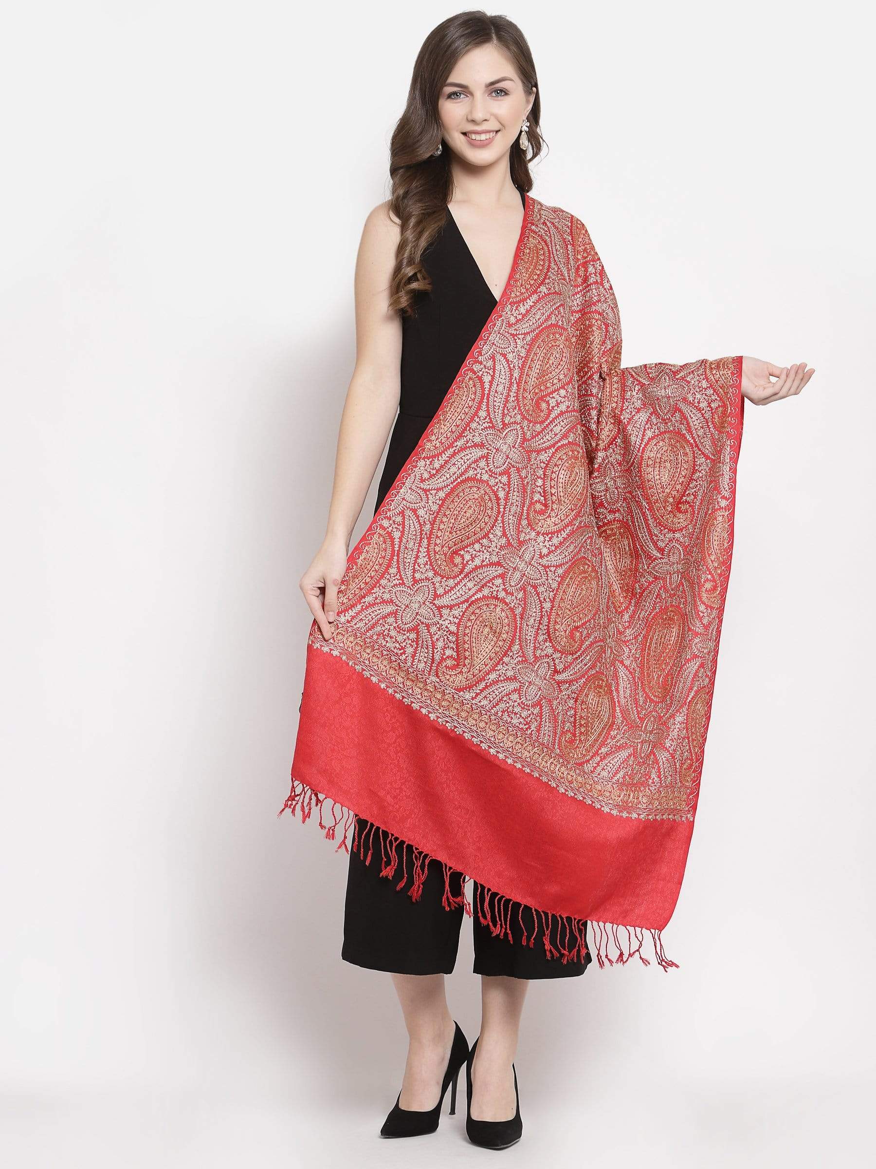 Pashtush India 70x200 Pashtush Womens Fine Wool Stole, With Silky Nalki Embroidery, Self Weave, Crimson Red